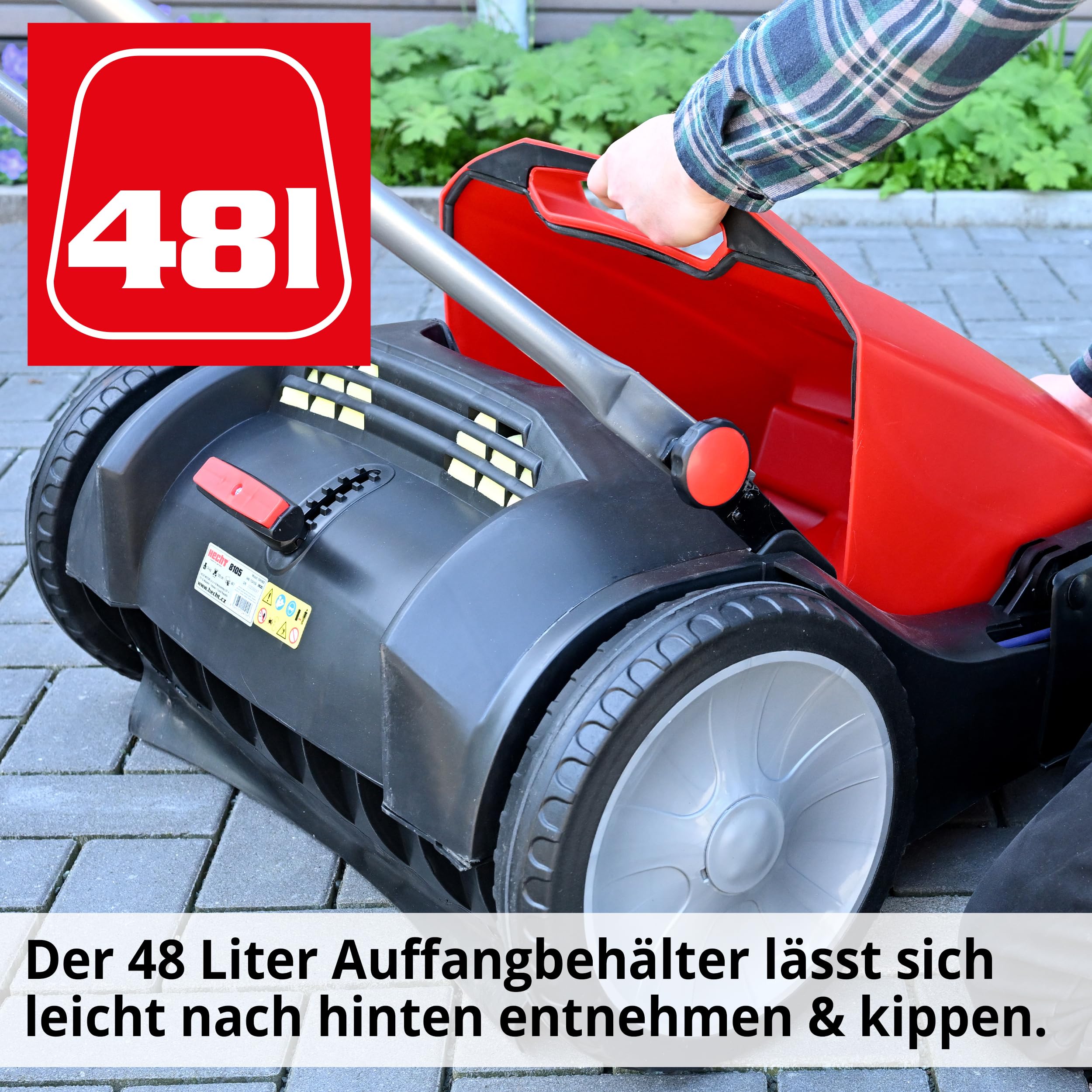 HECHT Kehrmaschine – 105 cm Arbeitsbreite – 350 mm Bürsten – 48 l Auffangbehälter – Kehrmaschine manuell – für große außen Flächen zum Laub, Schmutz & Kies beseitigen