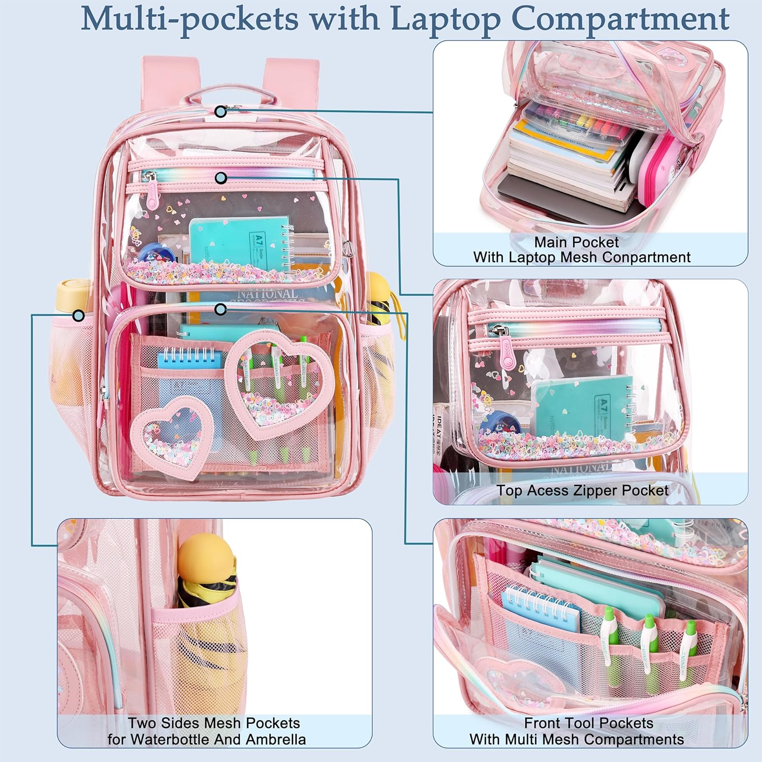 Clear Backpack for Kids Teens Girls Women Heavy Duty See Through Backpacks Cute Elementary Middle High School Bags Thick TPU Transparent Bookbag for College, Stadium Events, Security Travel-Pink - Image 3