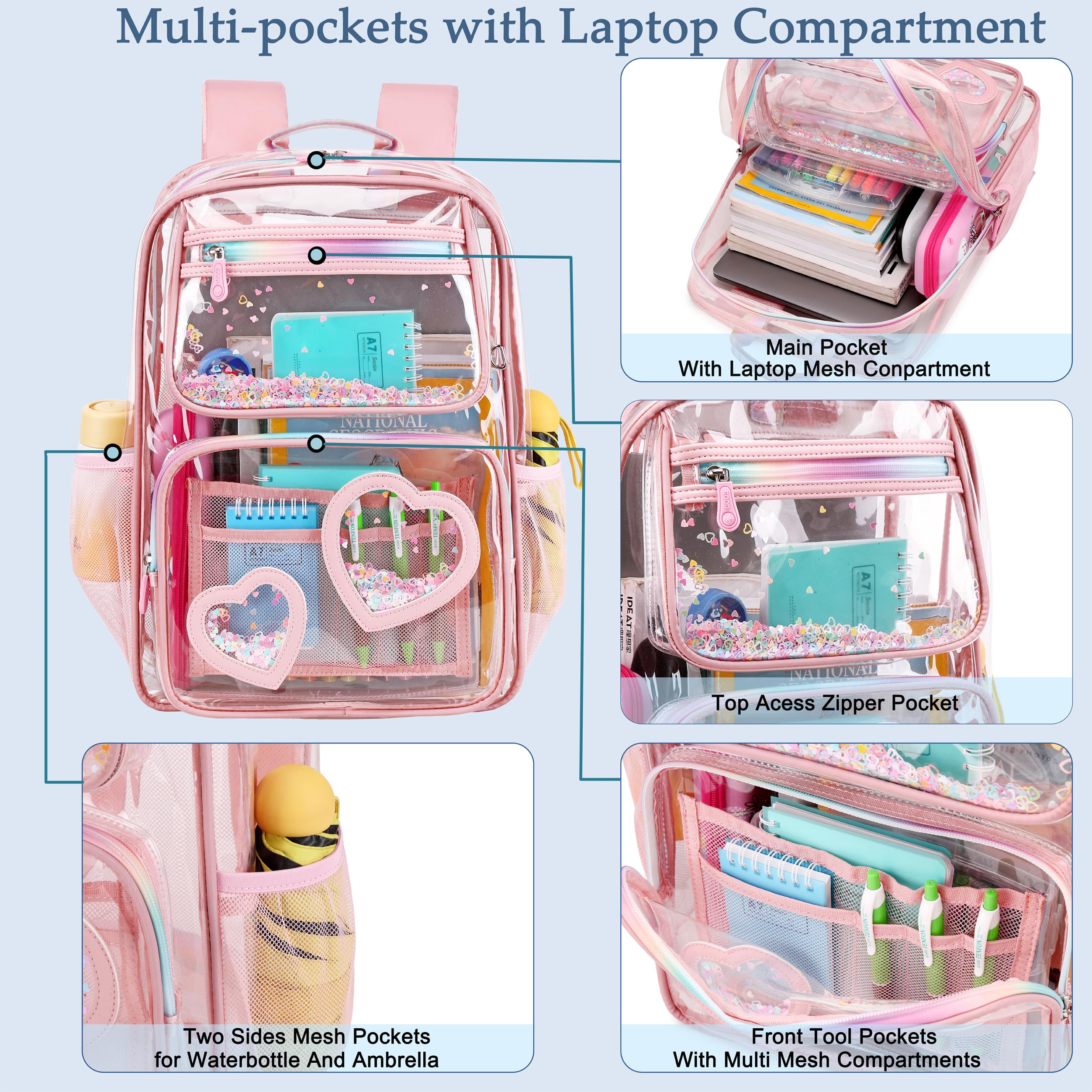 Transparenter Rucksack für Schule, Stadion, Events, strapazierfähig, durchsichtig, dick, transparent, Büchertasche für Teenager, Mädchen, Frauen