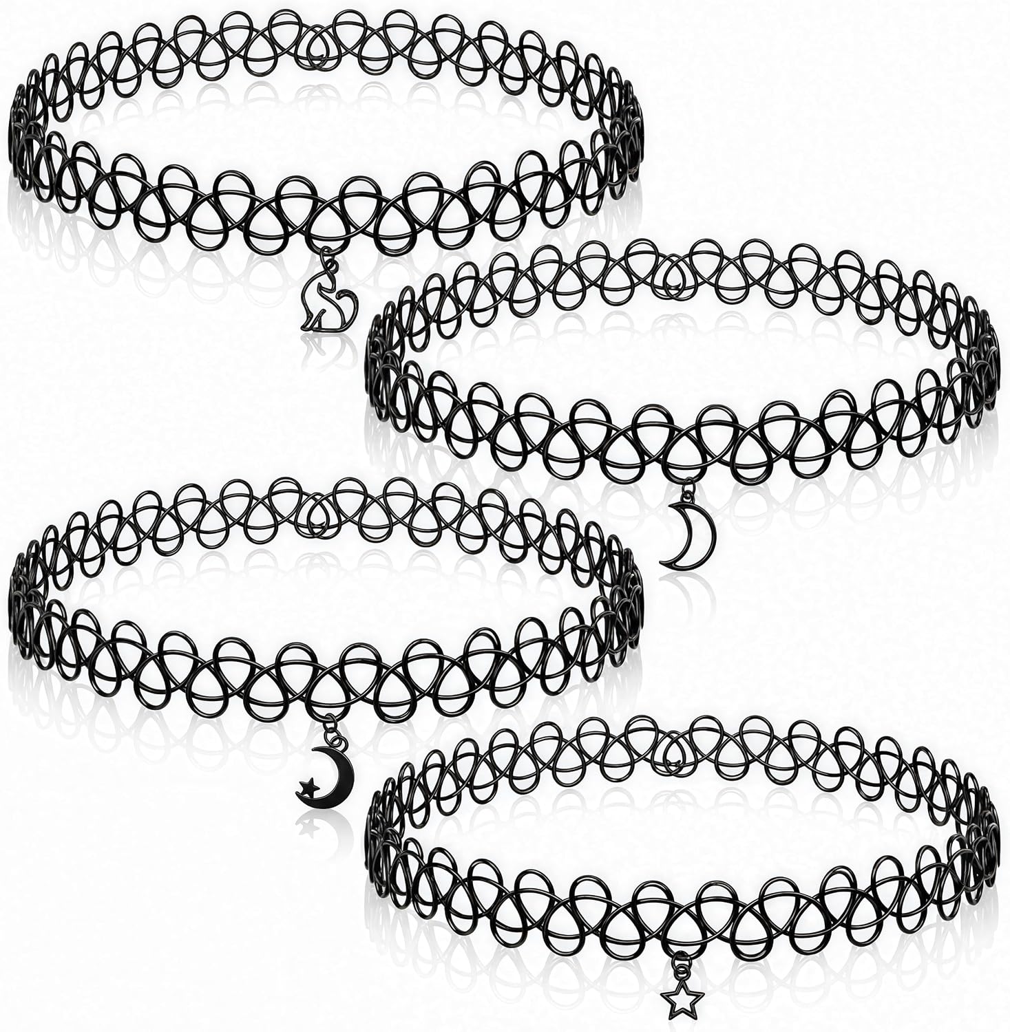 4PCS 90s Tattoo Gothic Choker Necklace Set with Storage Box - Black Stretchy Elastic Necklace with Cat Moon Star Pendant Vintage Trendy Y2K Fashion Jewelry, Adjustable Retro Gothic Grunge Aesthetic Accessories for Women