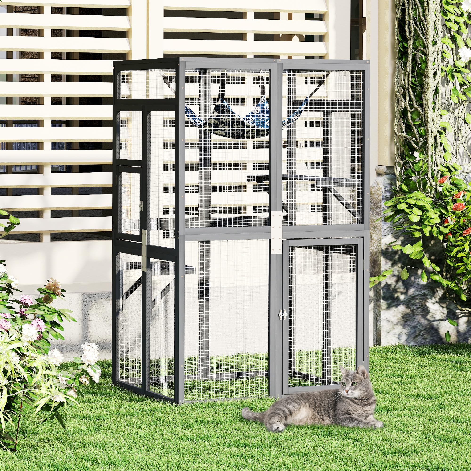 COZIWOW Catio - Recinzione per gatti da esterno, accesso alla finestra, in legno, per interni, patio, giardino (grigio)
