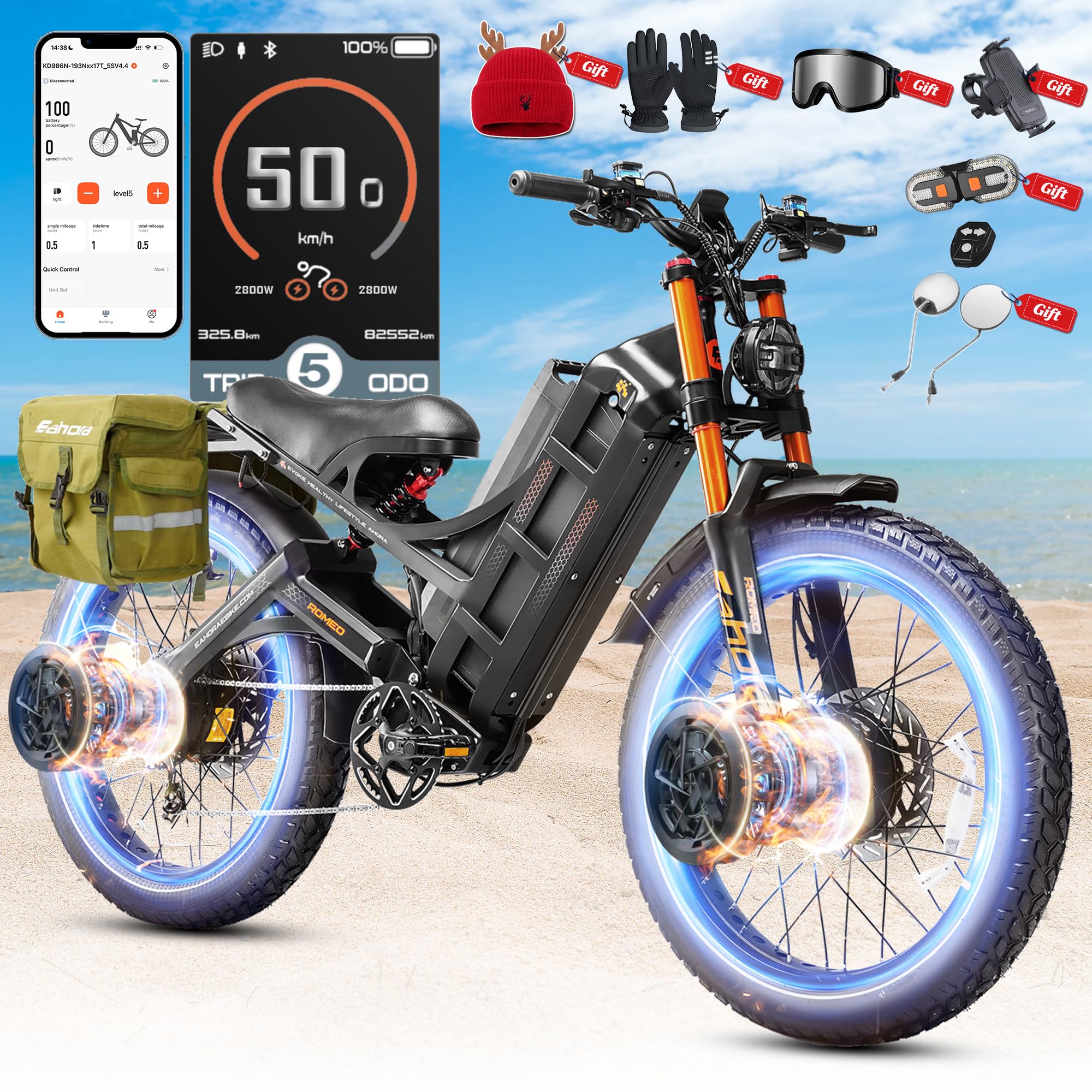 2026 eAhora Romeo Pro 3/2 50-46Mph Electric Bike for Adults 5600W/4000W Dual Motor Ebike 60V 80AH/52v 70Ah Battery 200-235Miles Long Range, 26*4.0" Fat Tire, Full Suspension, All Terrain, APP Control