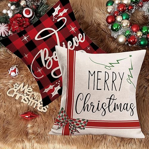 Miniatura 3 de Juego de 4 fundas de almohada de búfalo rojo de Navidad de 24 x 24 pulgadas, decoración de Navidad, fundas de cojín a cuadros para sala de estar,