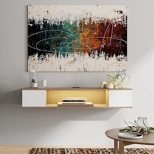 FITUEYES Estante flotante blanco para TV con luces LED amarillas, centro de entretenimiento montado en la pared, consola multimedia, gabinete de