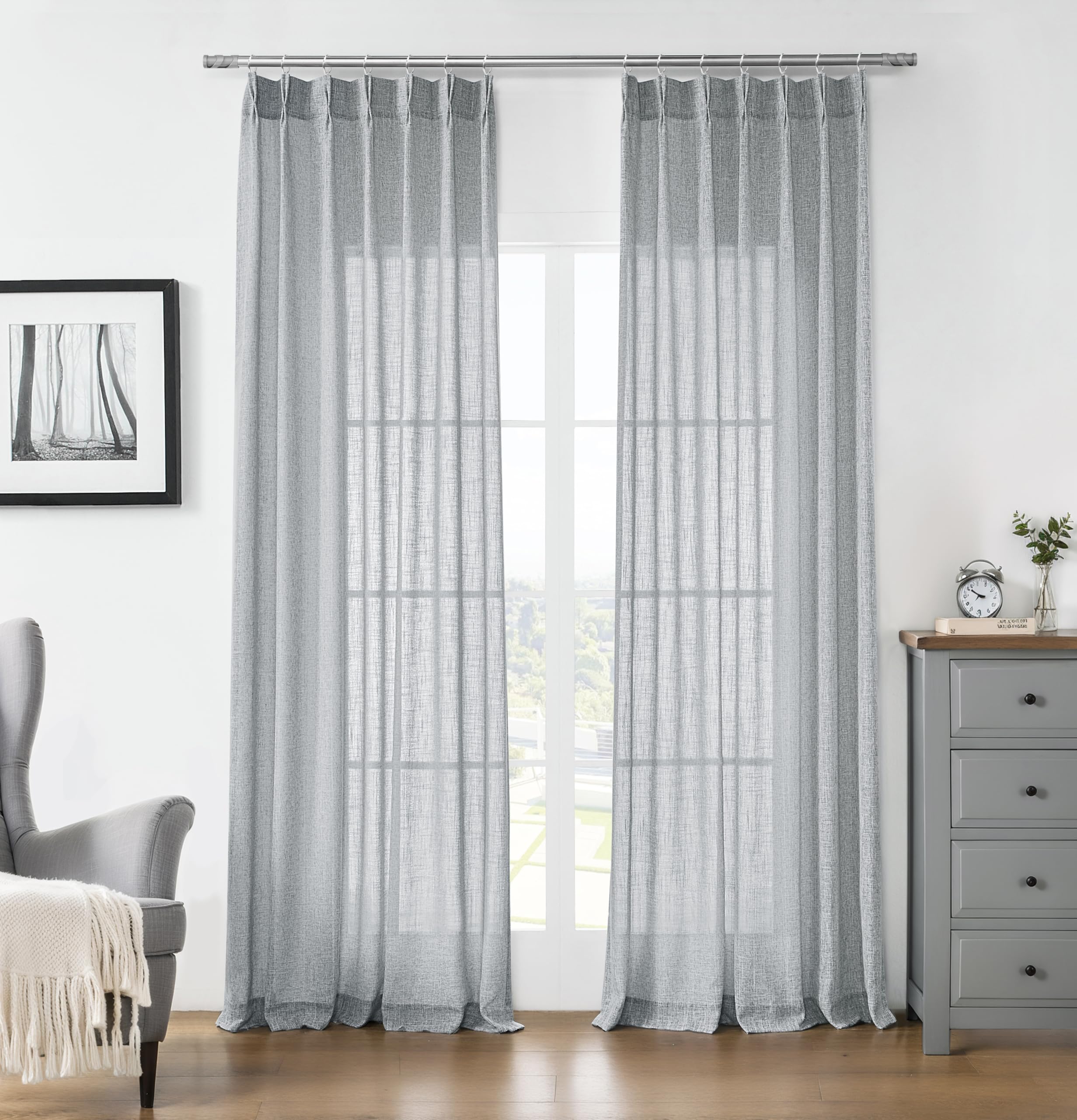 Central Park Gray Pinch Pleat Semi Sheer Curtain Textured Pleated Drape Farmhouse Rustic Window Treatment Sets for Living Room Bedroom, 40" Wx84 L, 2 Panels, Gray/White