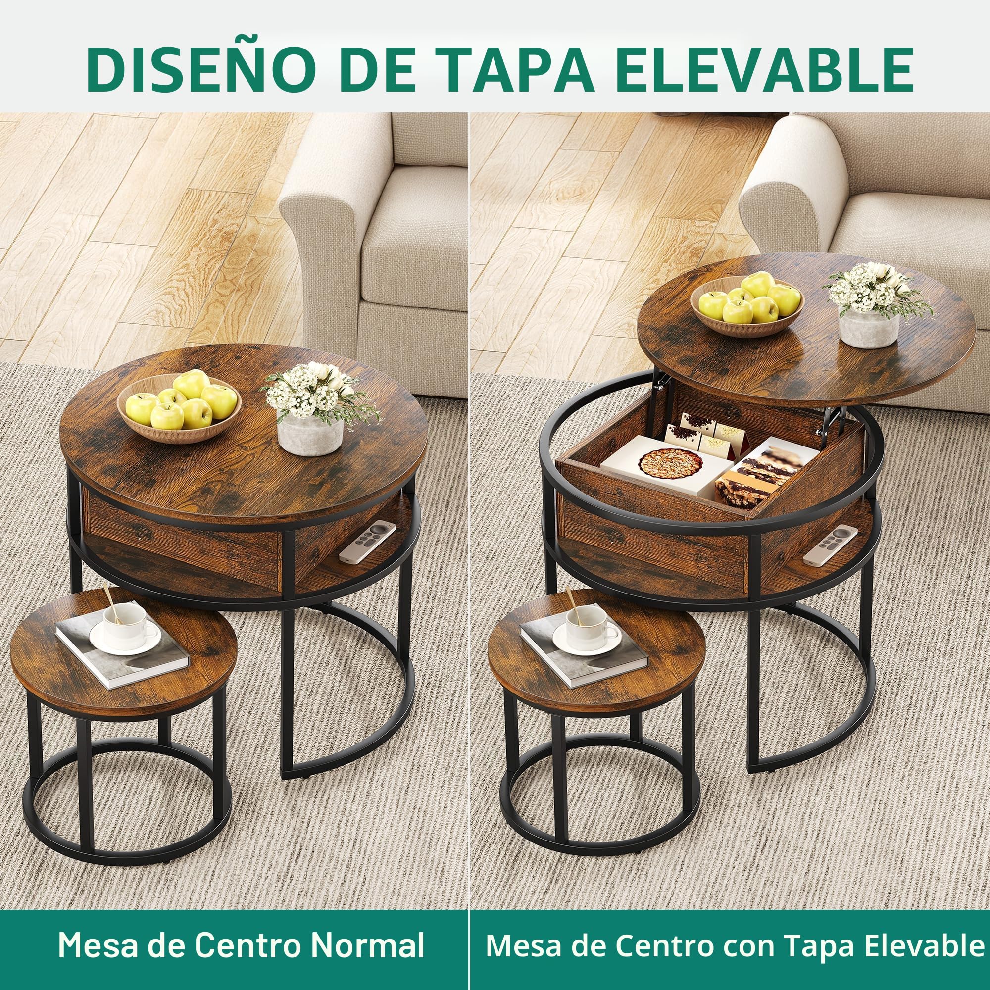 YITAHOME Mesa de Centro Redonda, Juego de 2, Mesa de Salón Vintage con Espacio de Almacenamiento, Mesa Centro Elevable y Extensible 60 x 60 x 50 cm, 38 x 38 x 30 cm
