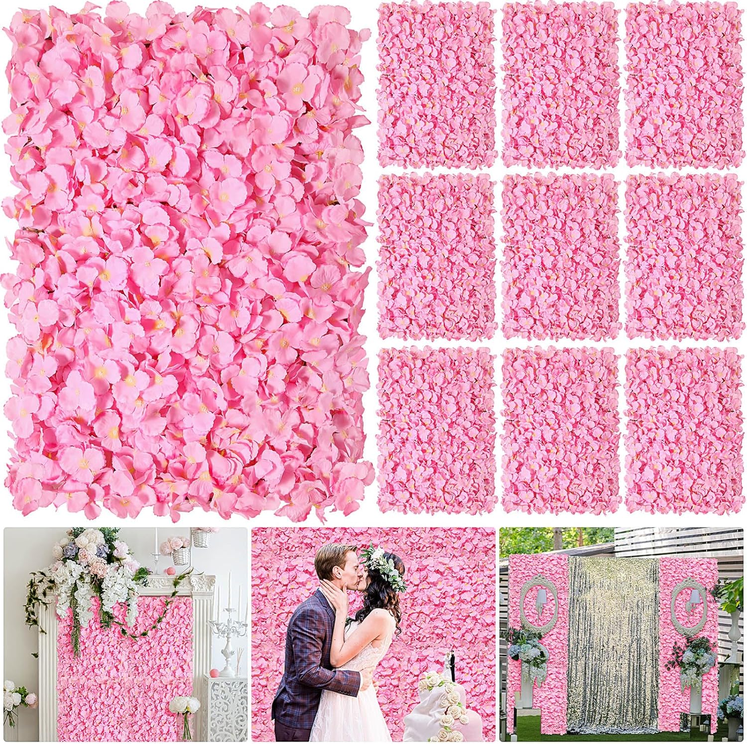 10 Pcs Wedding Flower Wall Panel Set 24" x 16" Pink Artificial Flower Wall Panel Wedding Backdrop 3D Silk Hydrangea Rose Floral Panel for Wedding Party Bridal Shower Event Decoration
