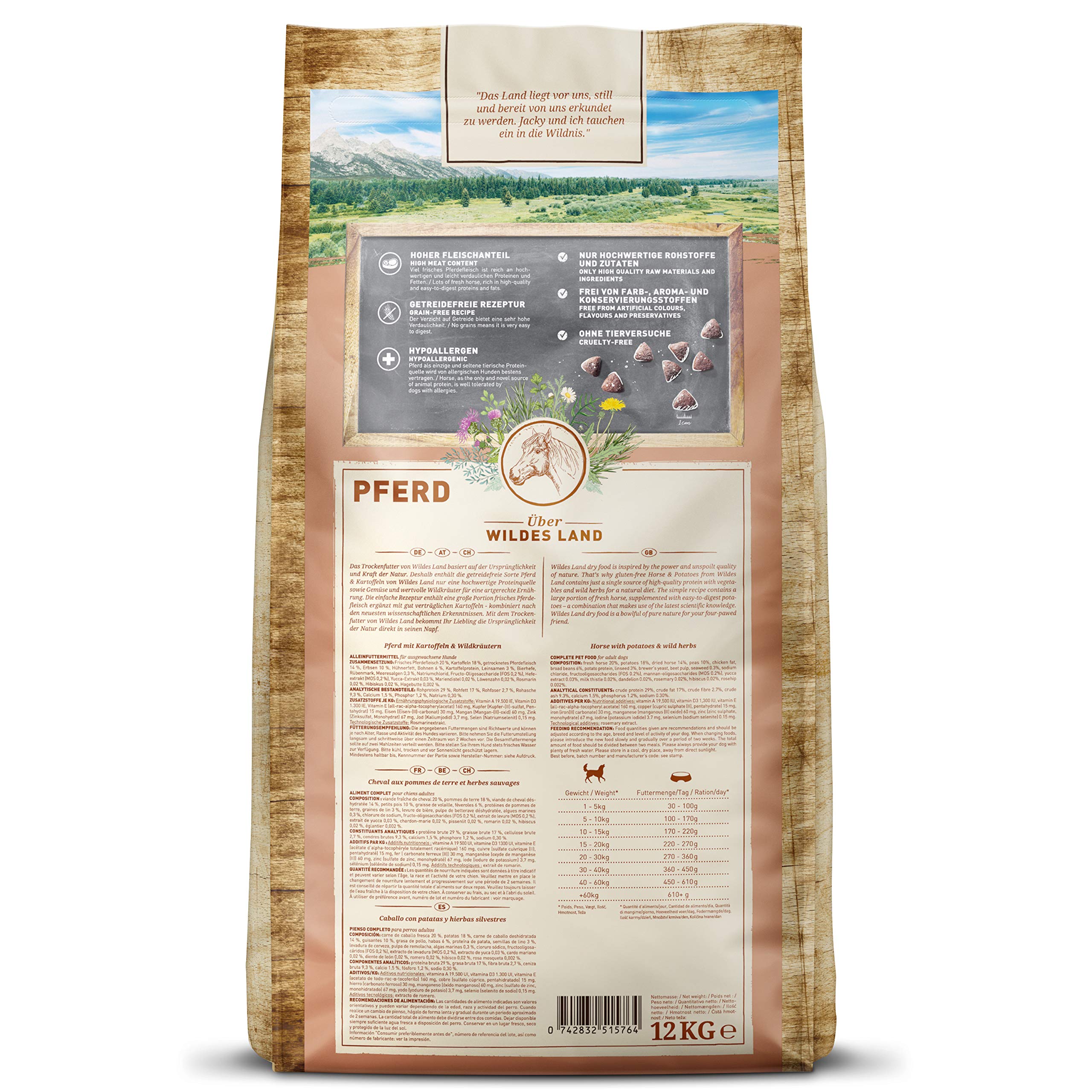 WILDES LAND – Wild | Trockenfutter mit extra hohem Fleischanteil und natürlichen Zutaten für ausgewachsene Hunde. Alleinfutter ohne Zusatzstoffe im Beutel | 12kg Wild