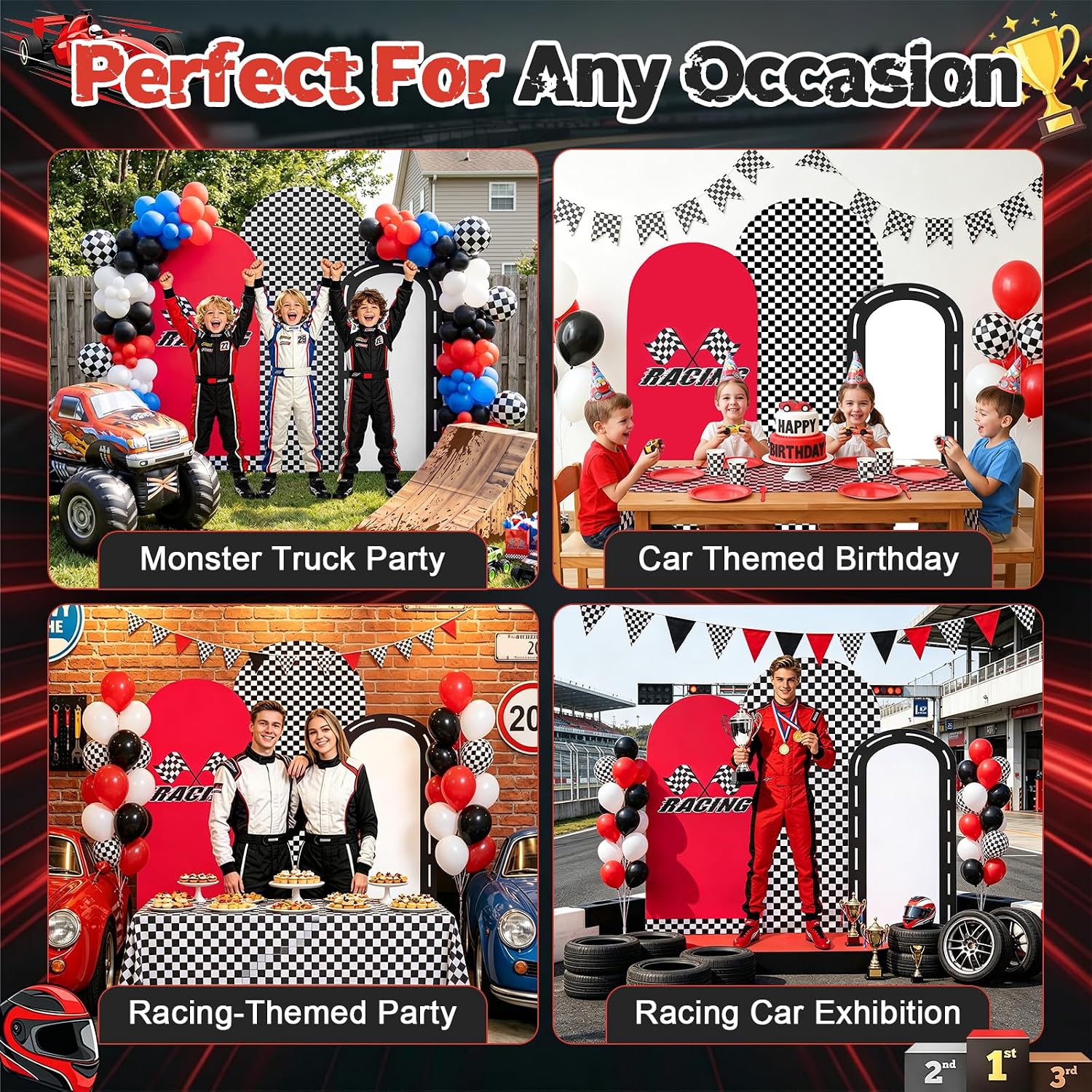 Racing Party Arch Backdrop Cover Set of 3, Spandex 4ft 5ft 6ft Checkered Flag Race Car Chiara Arch Covers for Birthday Baby Shower – Red Black White Stretchy Fitted Round Top Backdrop Cover