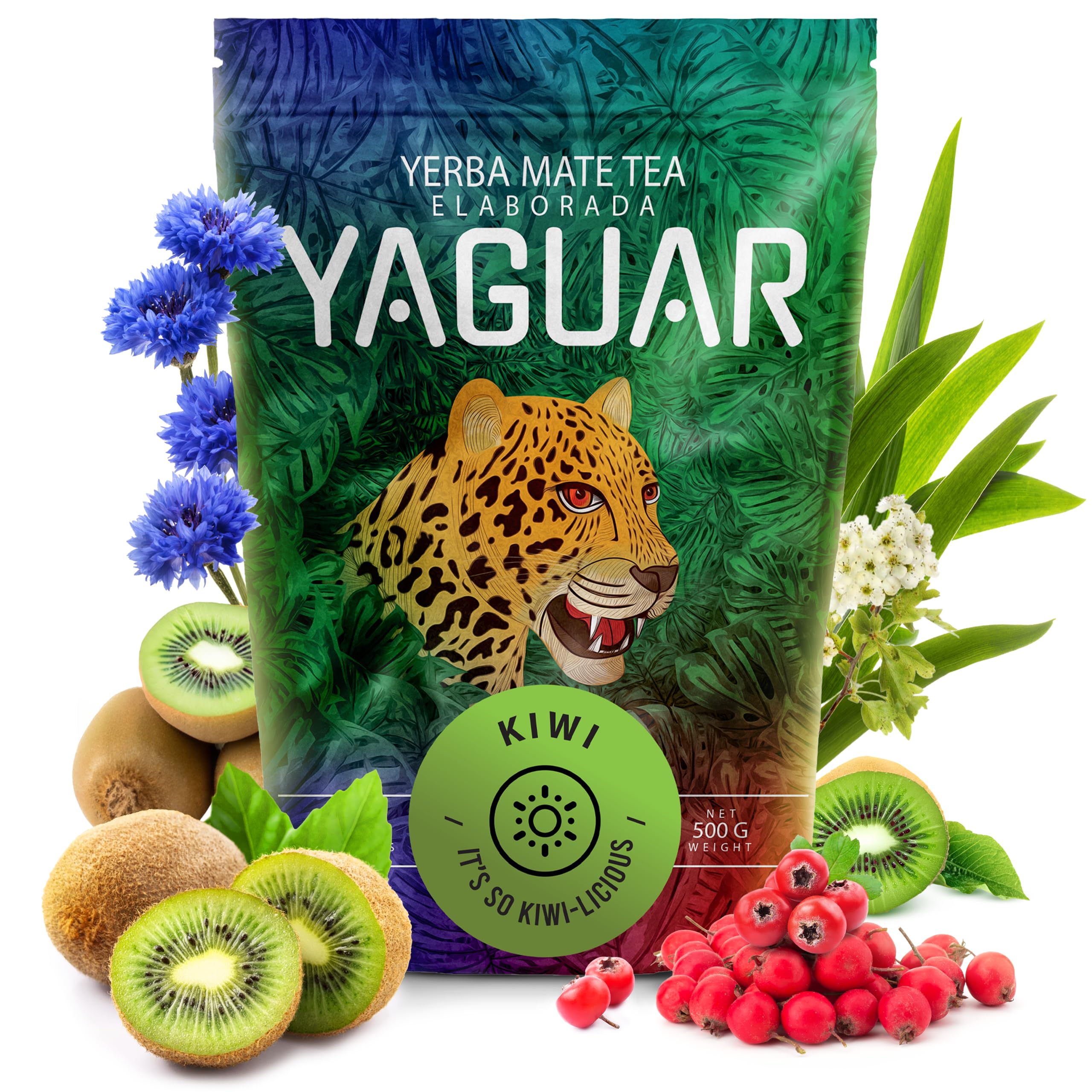 YAGUARKiwi 500g - Yerba Mate Tea with Kiwi, Traditional Mate Tea with Cornflower Petals, Brazilian
