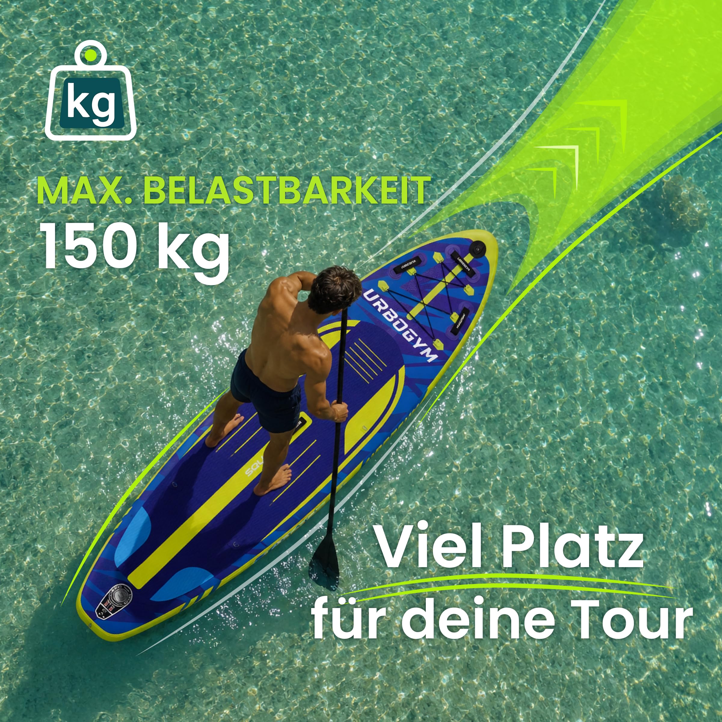 Squall 320 SUP Board 320×81×15cm bis 150kg – stabiles aufblasbares Stand Up Paddle Board Komplett-Set mit 2in1-Paddel, Doppelhubpumpe, Rucksack, Leash, 3 Finnen, Kick-Pad und Kamerahalterung