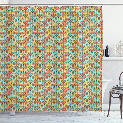 Ambesonne Orange and Turquoise Shower Curtain, Abstract Scales Pattern in Pastel Colors Retro Style Print, Cloth Fabric Bathroom Decor Set with