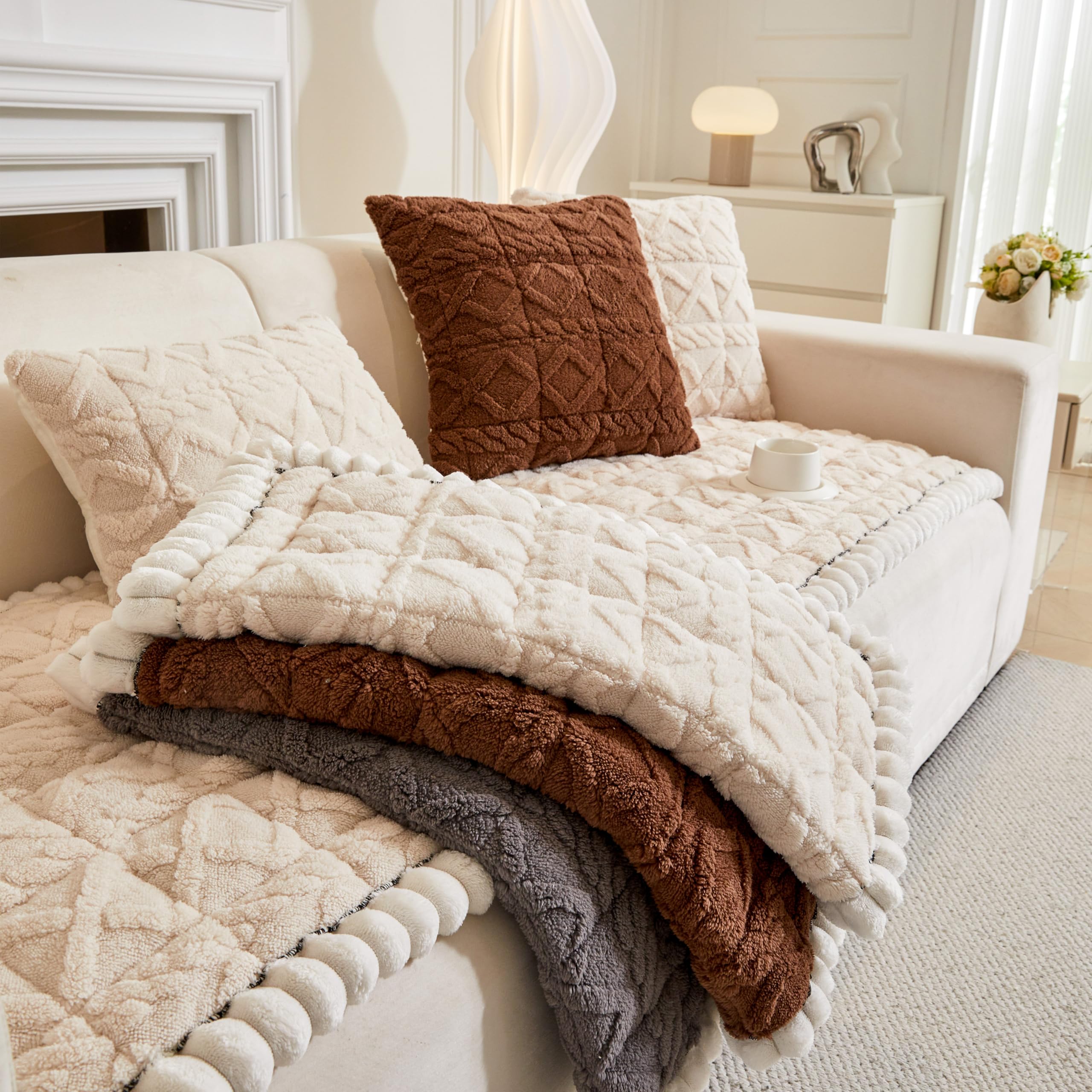 Topchances Zachte pluche bankhoes - nieuwe slipvaste bankhoezen 1 2 3 zits, konijnenbont bankhoezen, donzige bankhoes, L-vormige meubelbeschermer voor de woonkamer (beige, 90 x 90