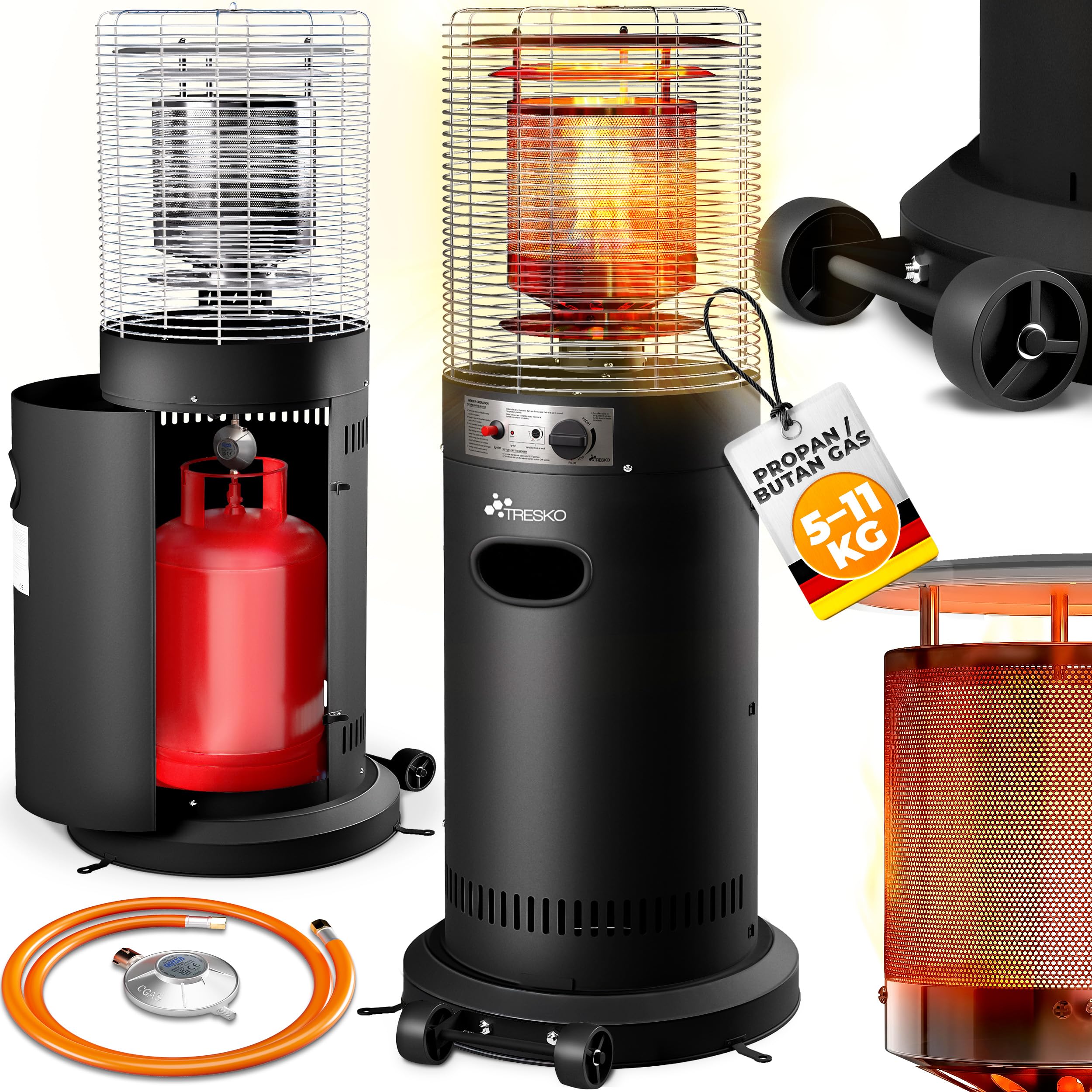 TRESKO® Heizstrahler Gas Outdoor 11 kW mit Rollen, Schlauch & Regler | Terrassenheizer für 5 & 11 kg Gasflaschen | Gasheizstrahler Terrasse, Balkon & Garten | Gasheizer Heizpilz Terrassenheizung