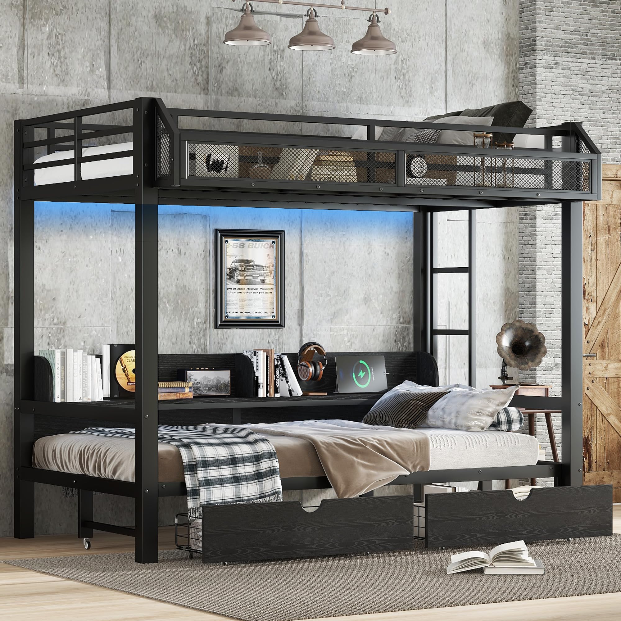 Photo 1 of Bellemave Twin XL Over Twin XL Bunk Bed with Storage Drawers and Shelves, Adults Bunk Beds with Charging Station and Lights, Lower Bed Can Turns Into Sofa, Noise Reduced, Black