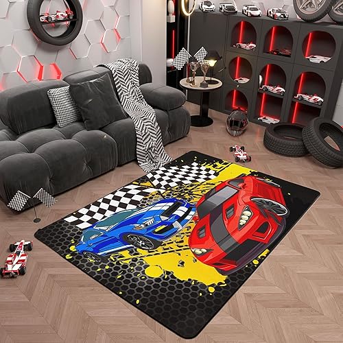 Alfombra de coche de carreras, diseño de dibujos animados de grafiti de estilo urbano para interiores para niños, niñas, jóvenes, alfombra de juego