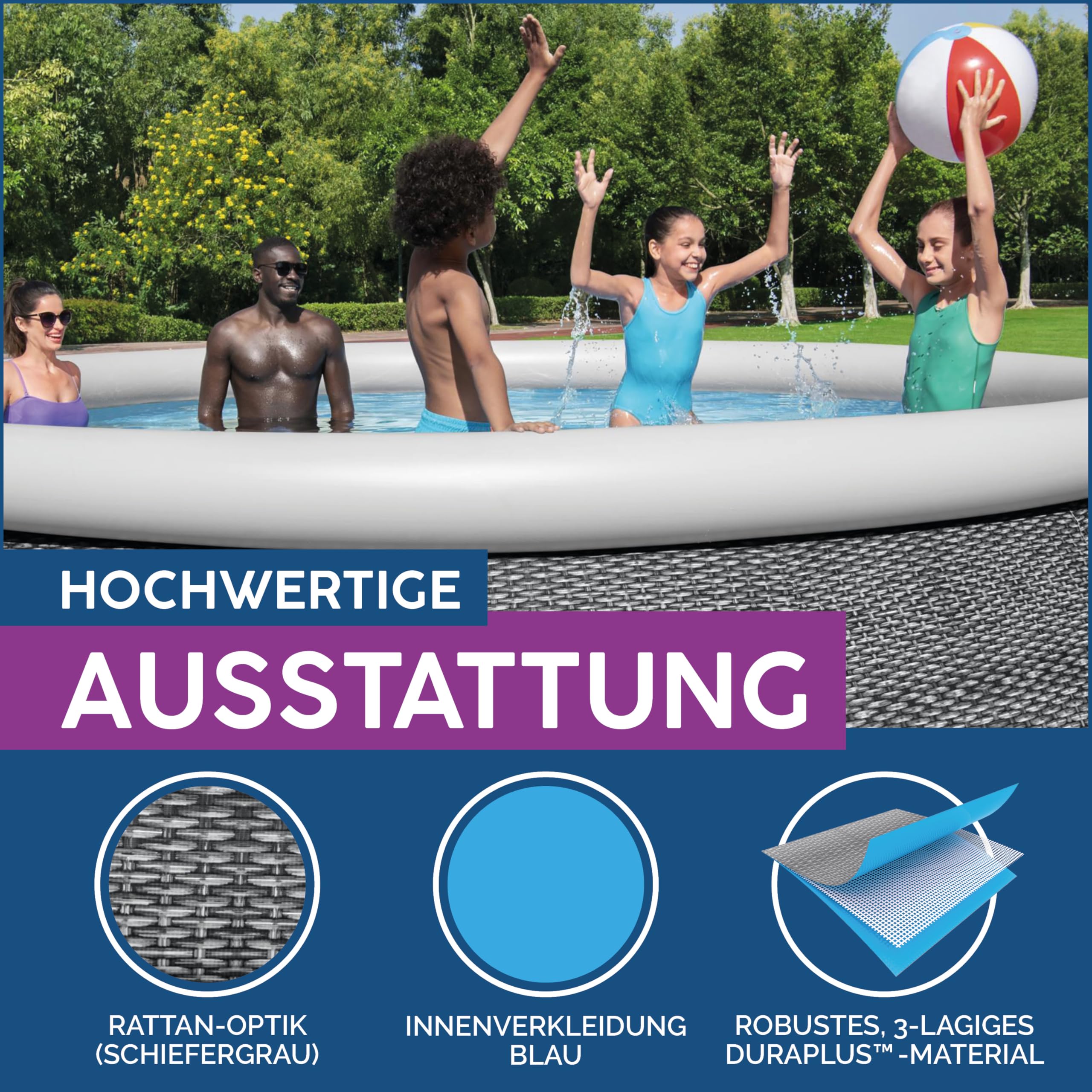 Bestway® Fast Set™ Aufstellpool-Set mit Filterpumpe Ø 457 x 84 cm, Rattan-Optik (Schiefergrau), rund