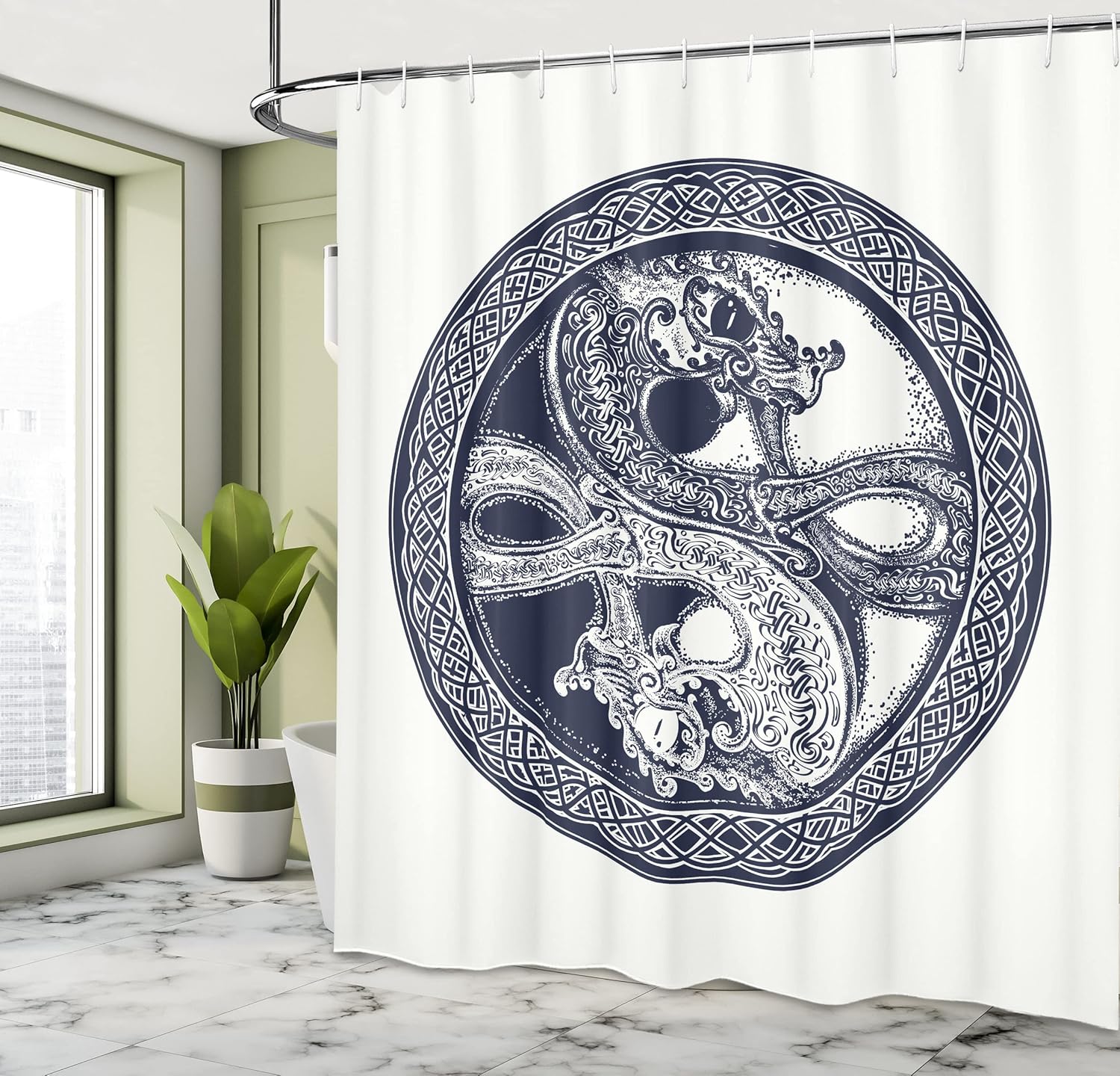 Ambesonne Celtic Dragon Shower Curtain, Mystic Yin Yang Creatures in Round Frame, Cloth Fabric Bathroom Decor Set with Hooks, 69" W x 70" L, Violet Blue Off White