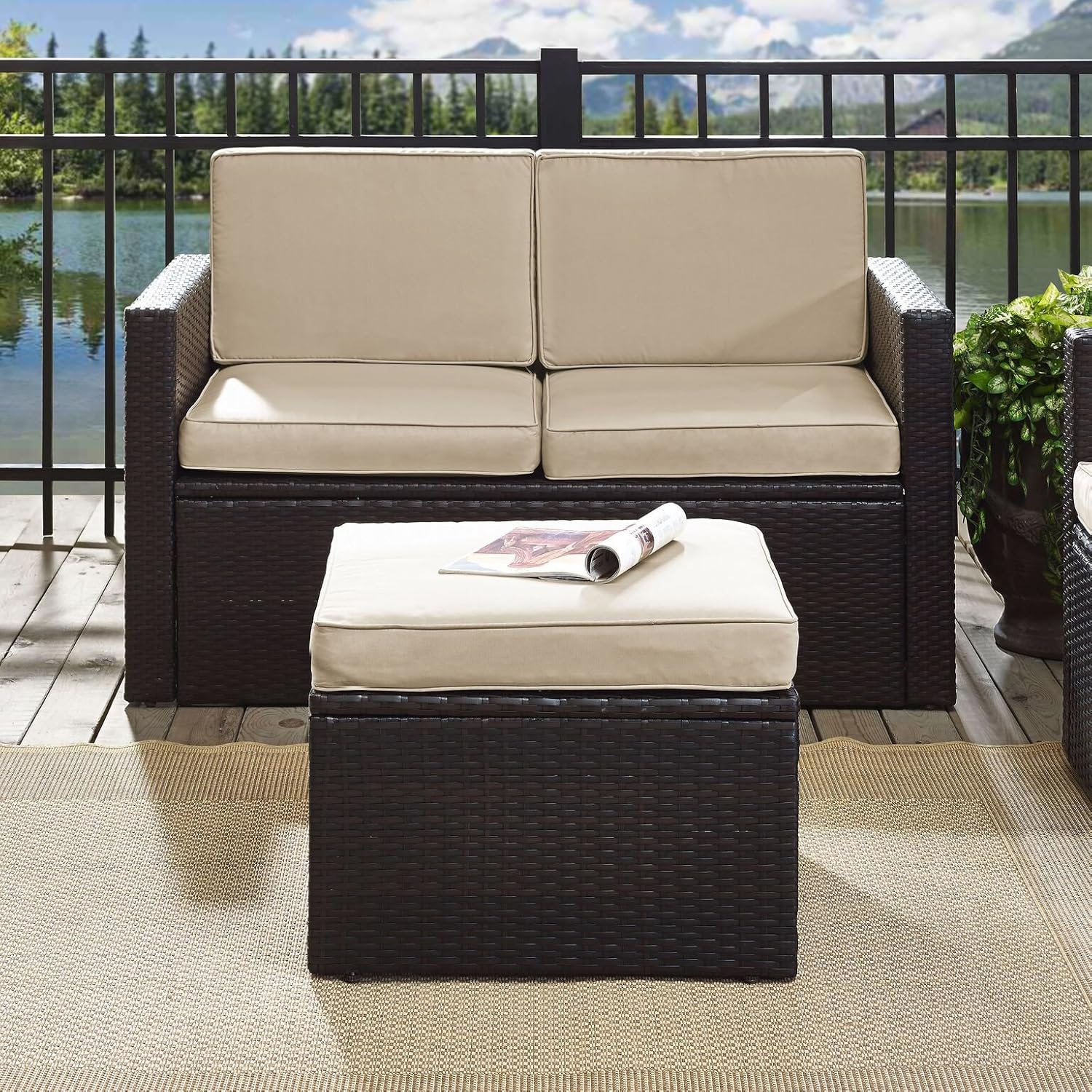 Crosley Furniture Palm Harbor Wicker Outdoor Ottoman Foot Rest for Patio, Deck, Porch, Brown with Sand Cushions