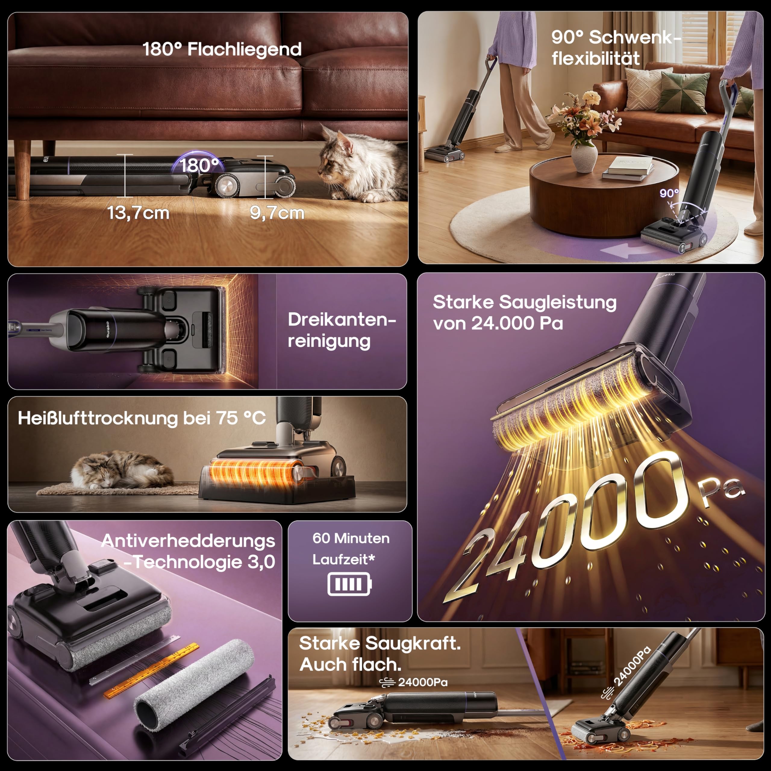 Eureka FloorShine 830 Nass Trockensauger Akku für Hartböden, 24.000 Pa Saugwischer 180° Flachliege, Anti-Tangle 3,0, Selbstreinigung & 75°C Heißlufttrocknung, 60 Min Laufzeit, Nasssauger Böden