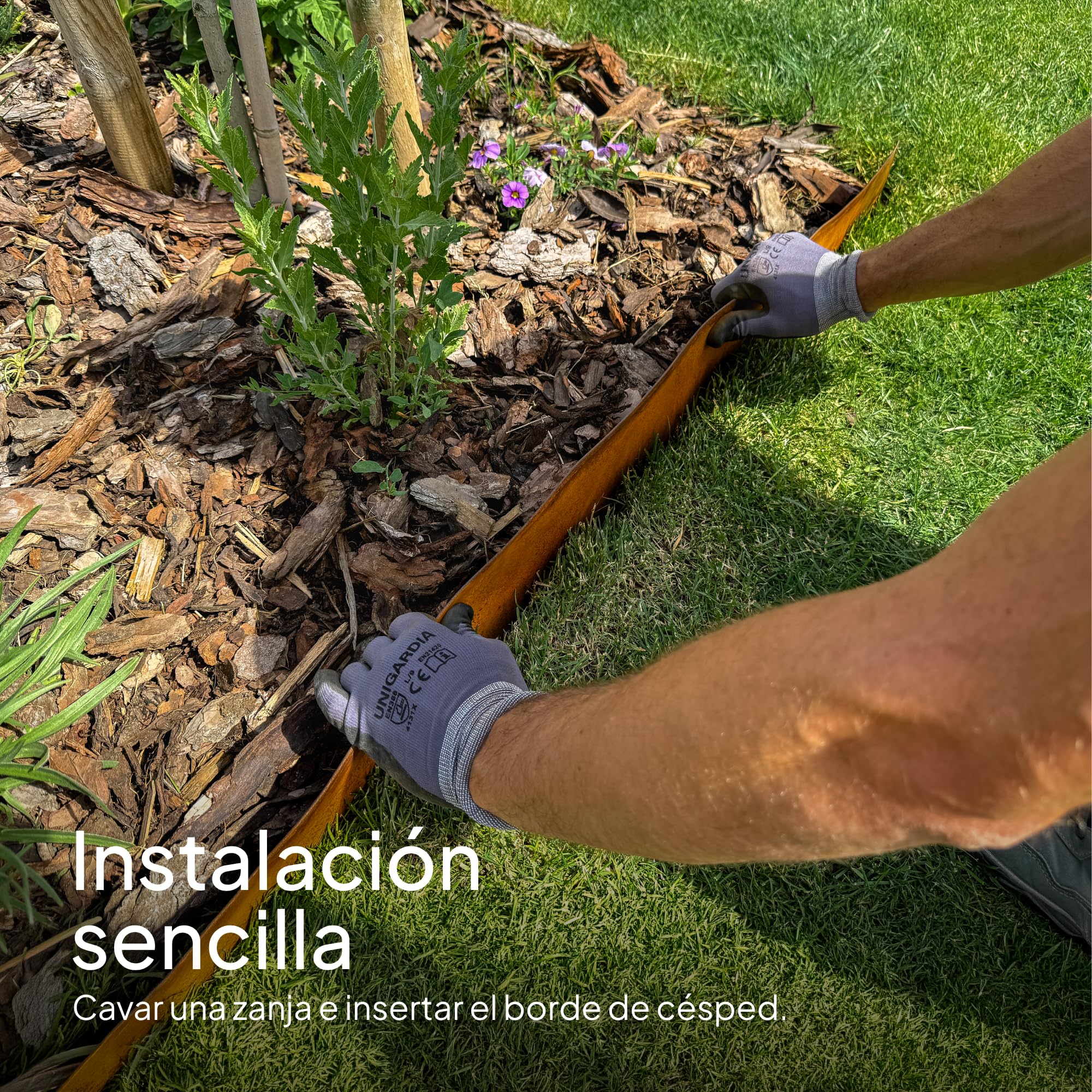 UNIGARDIA Bordura Acero Corten 10 m - Borduras Jardin Metálica de 14 cm de Altura - Fácil de Instalar - Separador Jardin Exterior con Pátina de Oxido, Incluye 1 Par de Guantes