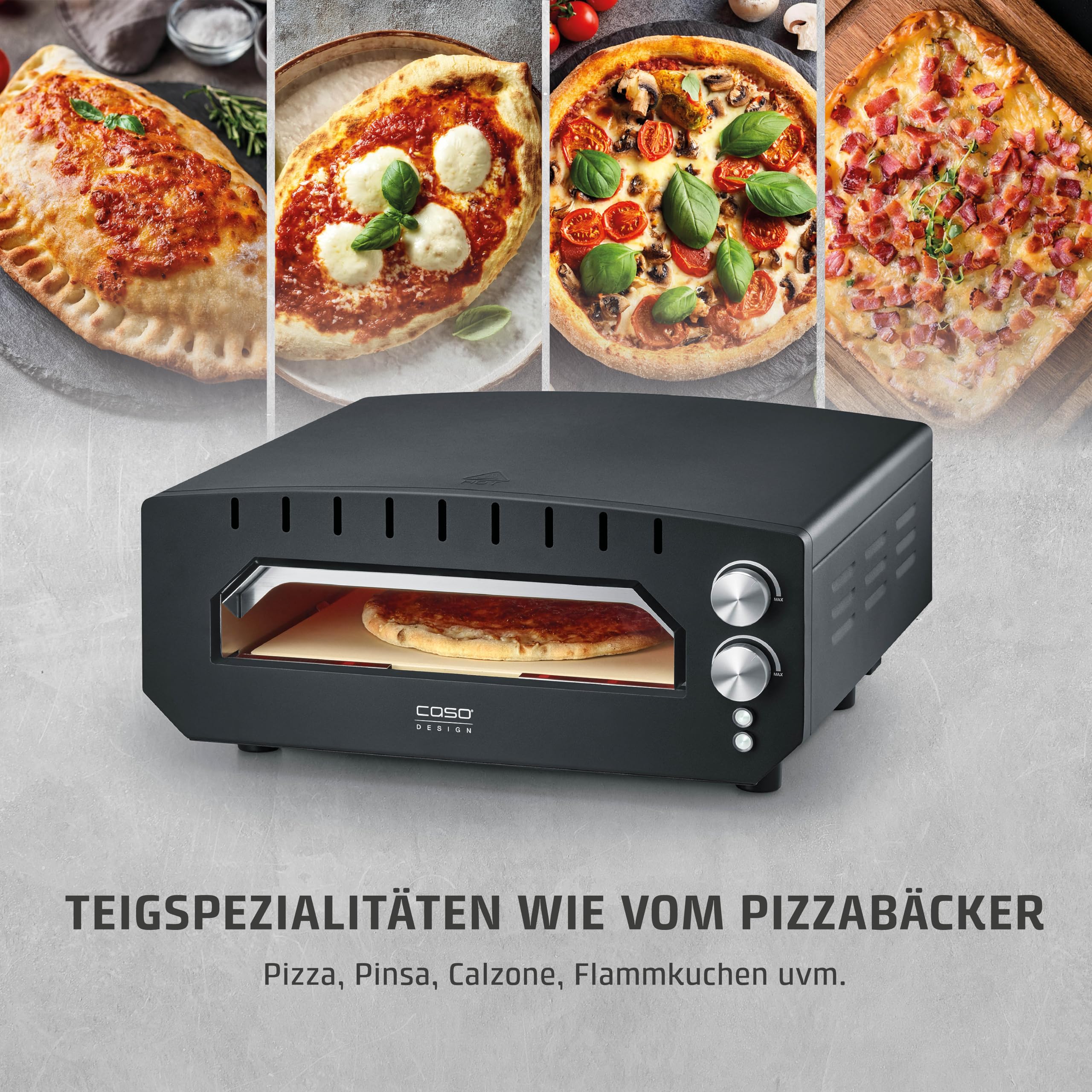 CASO PizzaChef 400° – piec do pizzy, elektryczny, do pizzy, pinsy, tarta, gorący piec kamienny 400°C, 33 x 33 cm, kamień do pizzy z kordierytu, wnętrze ze stali nierdzewnej, gotowa pizza w 2-3 minuty