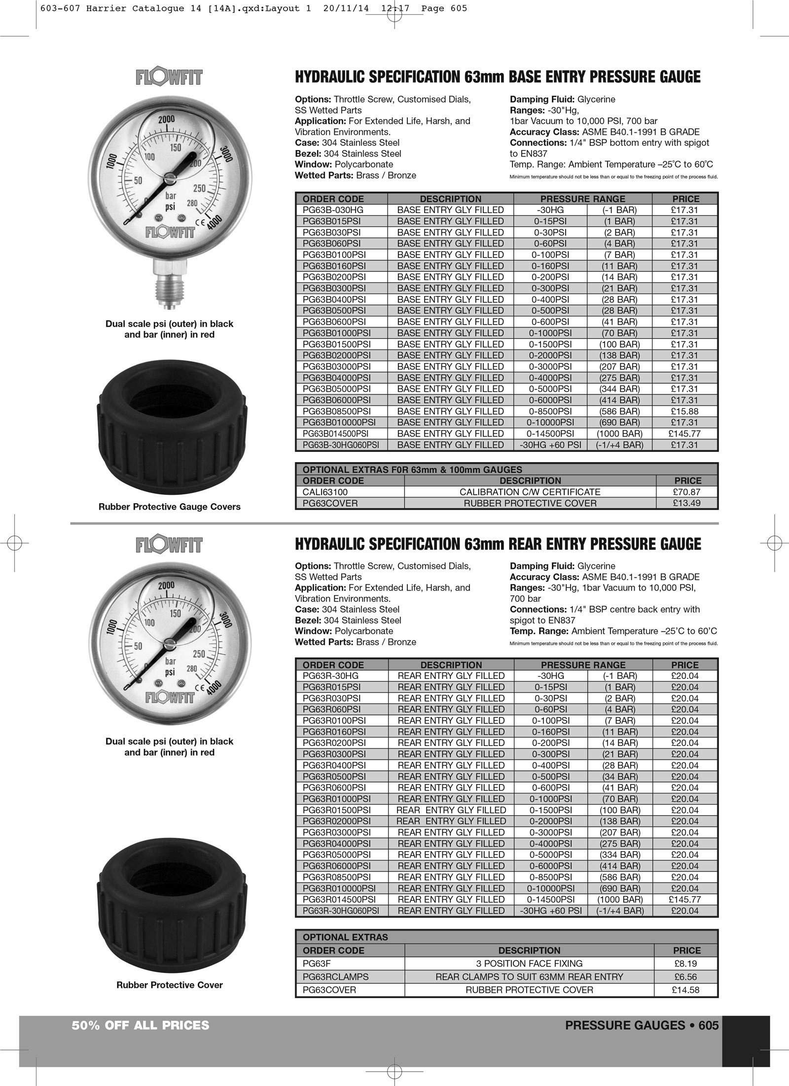 Medidor de presión Hyd relleno de glicerina de 100 mm, 0-10000 PSI (690 bar), entrada trasera BSP