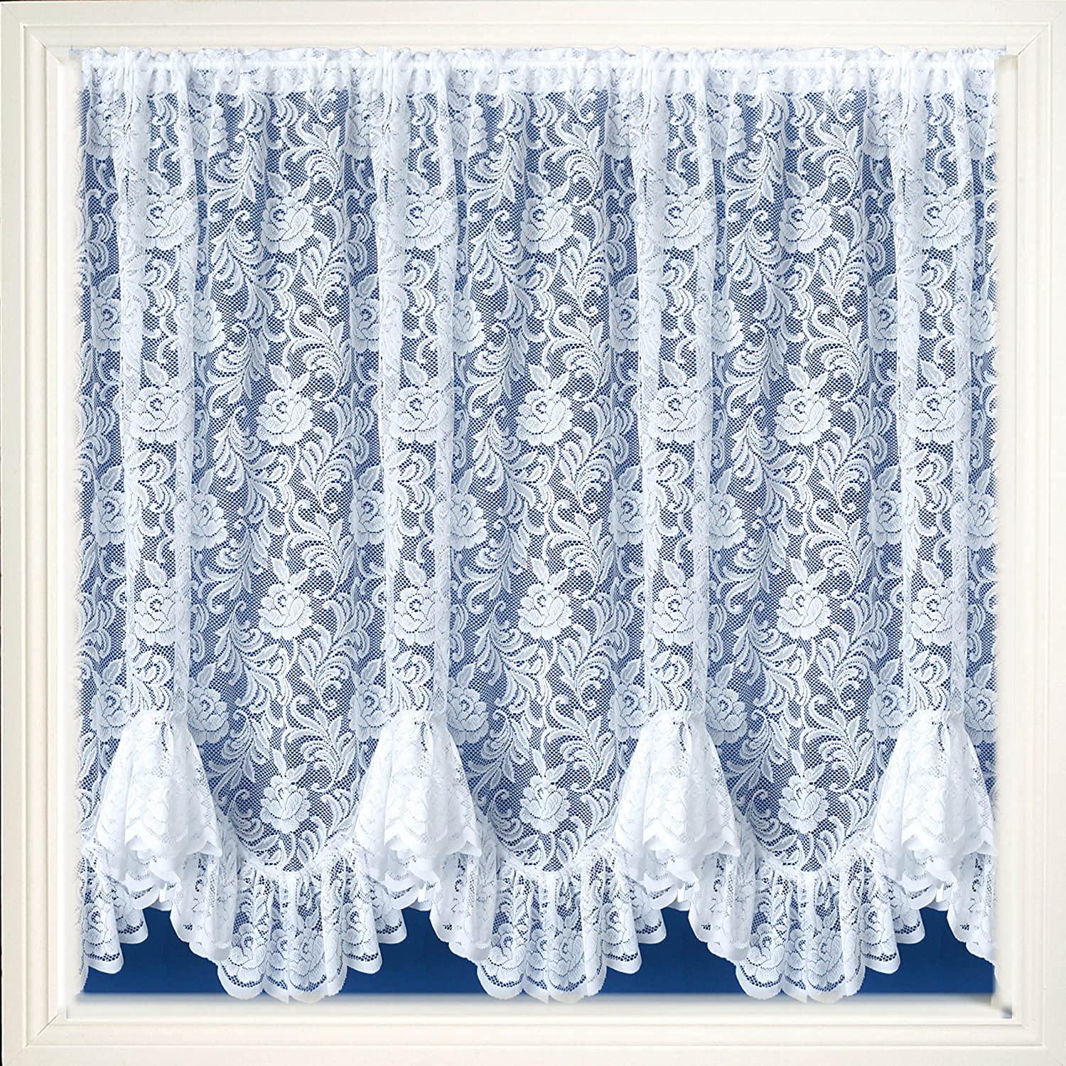 Maple Textiles Austrian Flounce Victorian Flower Lace Thick Net Curtain Sold by The Metre (White, 48'' (122cm) Drop) (MT/FN/TT)