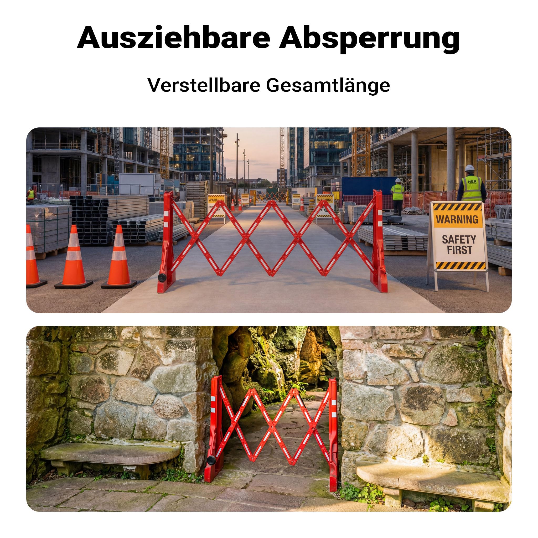 Wiltec ausziehbares Absperrgitter 200 cm aus Kunststoff, Scherengitter mit Reflektorband, Baustellenabsperrung befüllbar und faltbar, Absperrung für Verkehr