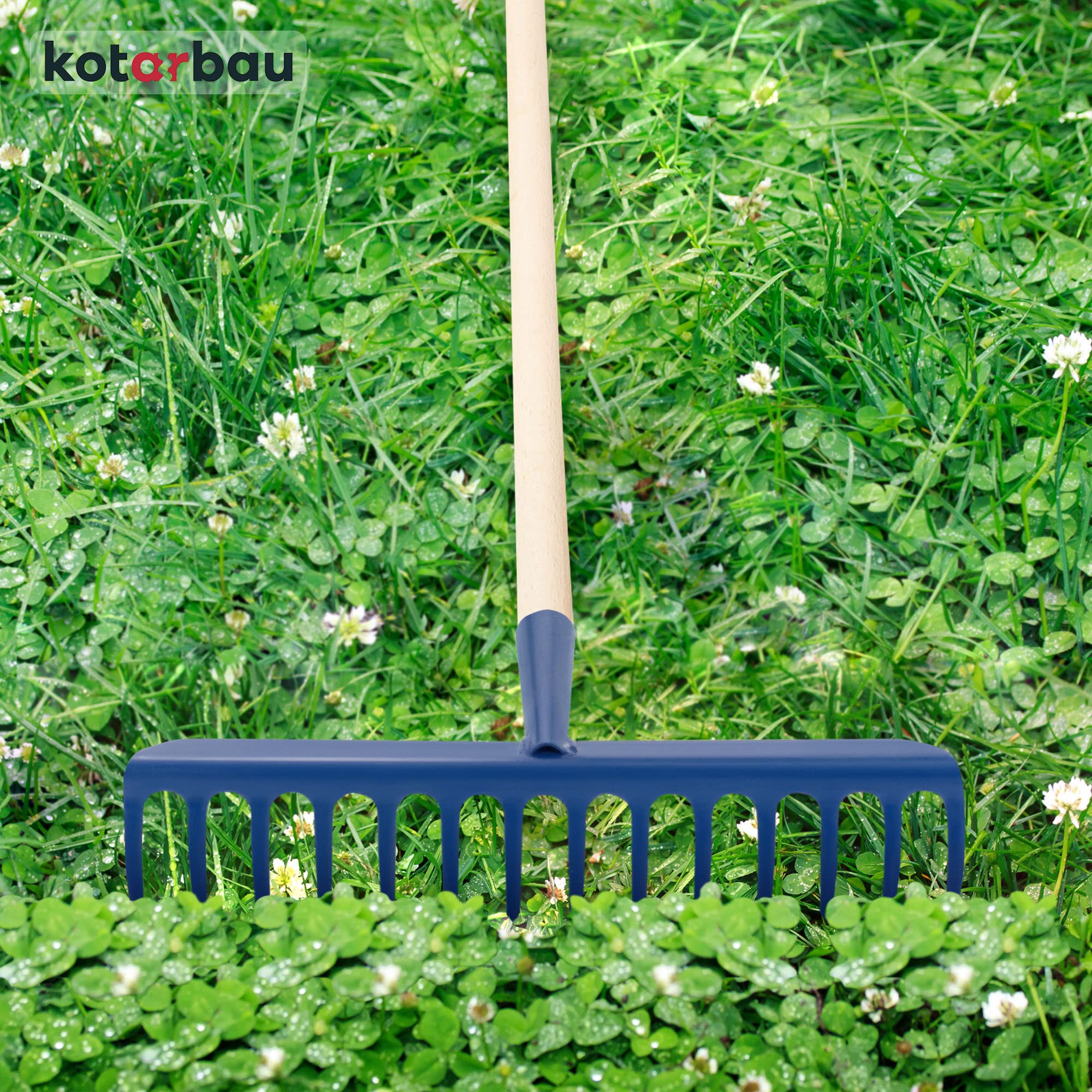 KOTARBAU® Rastrillo Jardin - Acero - 36 cm - Azul Marino - Rastrillo Hojas Jardin - con Mango de Madera 136 cm - 14 Dientes - Herramienta para Cesped y Jardineria