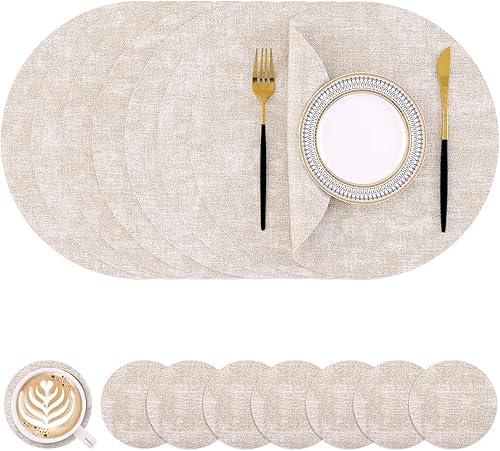 Miniatura 40 de Homaxy - Juego de 6 manteles individuales redondos de piel sintética y posavasos, lavables, de doble cara, manteles individuales de mesa, manteles
