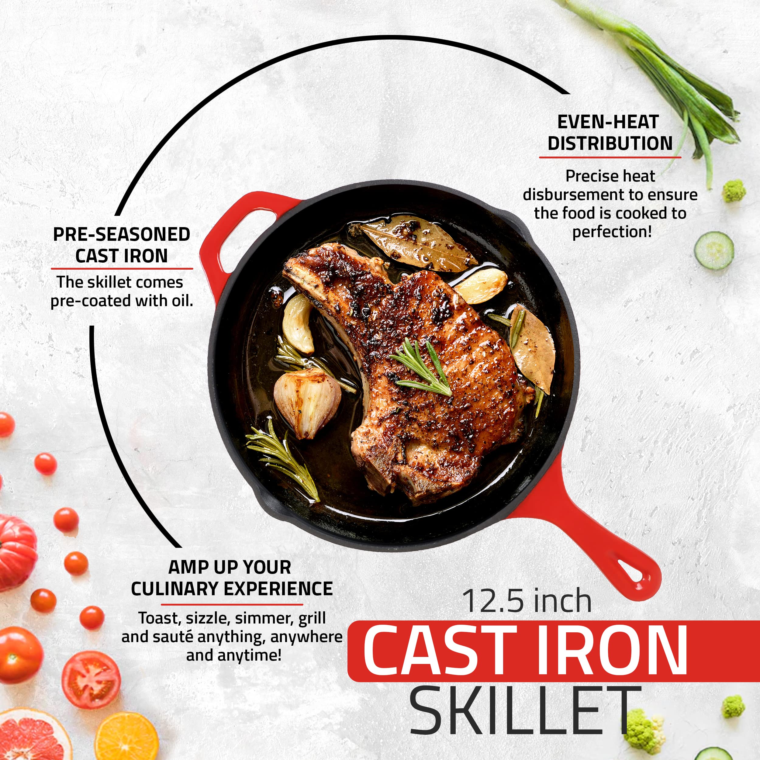 Utopia Kitchen 12 Inch Pre-Seasoned Chef's Pan - Frying Pan - Safe Grill Cookware for indoor & Outdoor Use - Cast Iron Pan (Red)