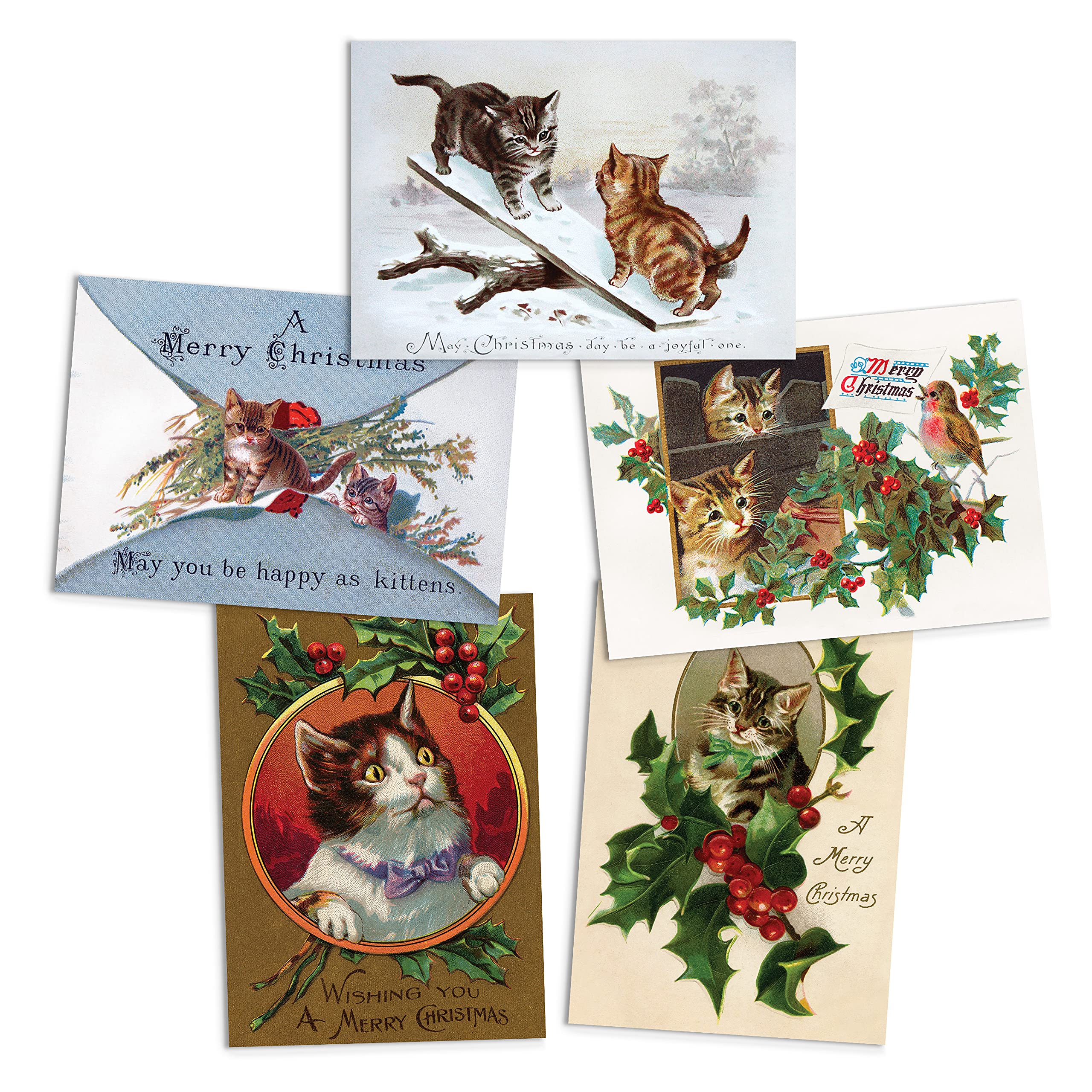 Christmas Greeting Card with Envelope Cats Kittens Vintage Retro Victorian Cute (Pack Set of 5 Cards #1)