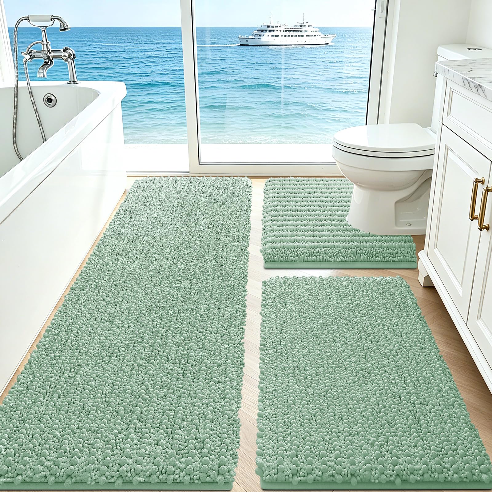 ACCUMTEK Upgrade Extra Large Sage Bathroom Rug Set 3 Pieces Ultra Soft, Thick Absorbent Bath Mats, Non Slip Chenille Toilet Mat for Bathroom, Bedroom, Kitchen, Mint