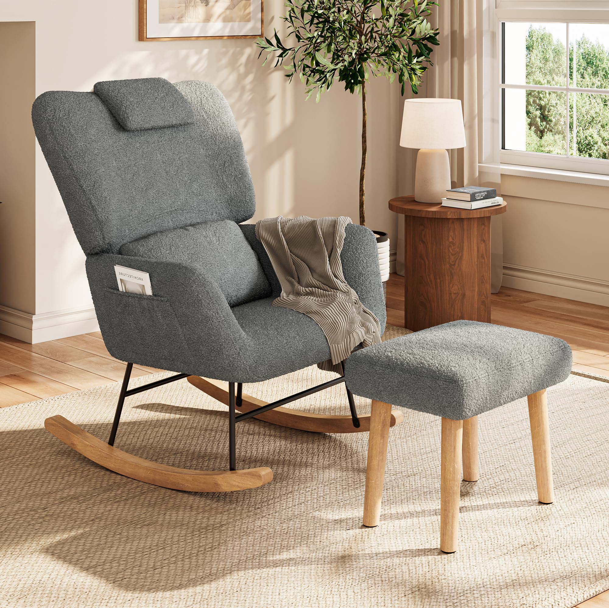 PerGar Sedia a dondolo con sgabello, in peluche, colore grigio, 150 kg