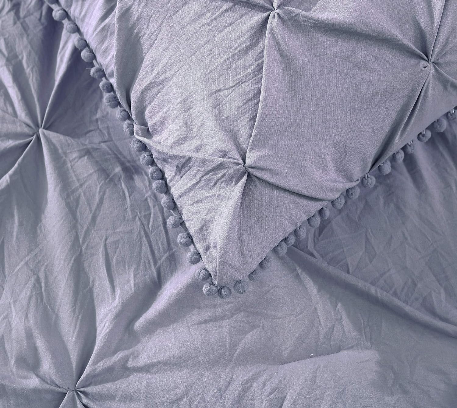 Chezmoi Collection Natalia 3-Piece Pom Poms Fringe Pinch Pleat Duvet Cover Set - Hypoallergenic Soft Washed Microfiber Comforter Cover with Button Closure and Corner Ties - Queen, Purple
