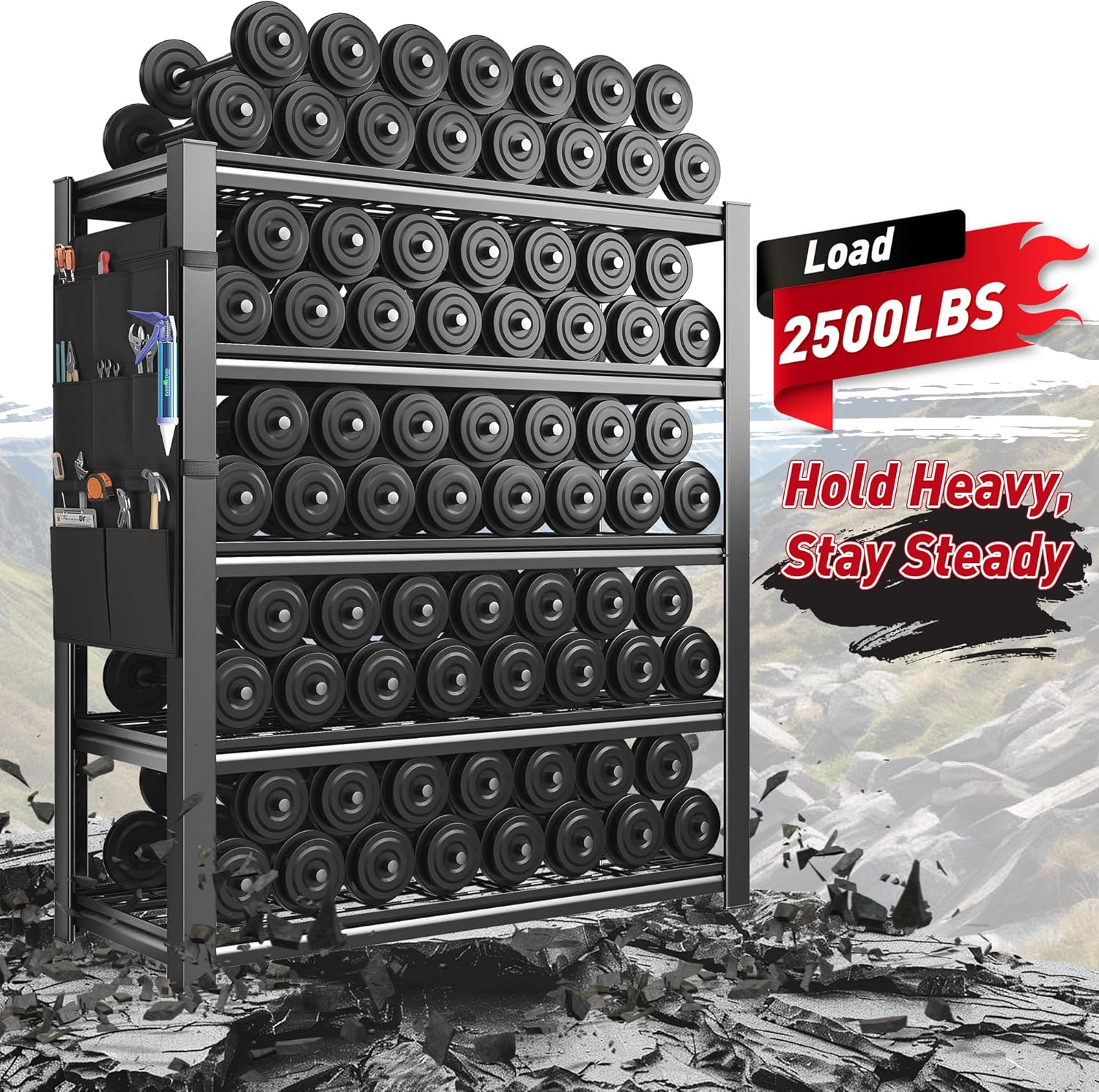 REIBII 5-Tier Storage Shelves,38.2" W Heavy Duty Garage Shelving Load 2500LBS,Metal Shelving Units with Tool Storage Bag, Adjustable Wire Shelving Industrial for Basement,66" H x16 D,Black - Image 8