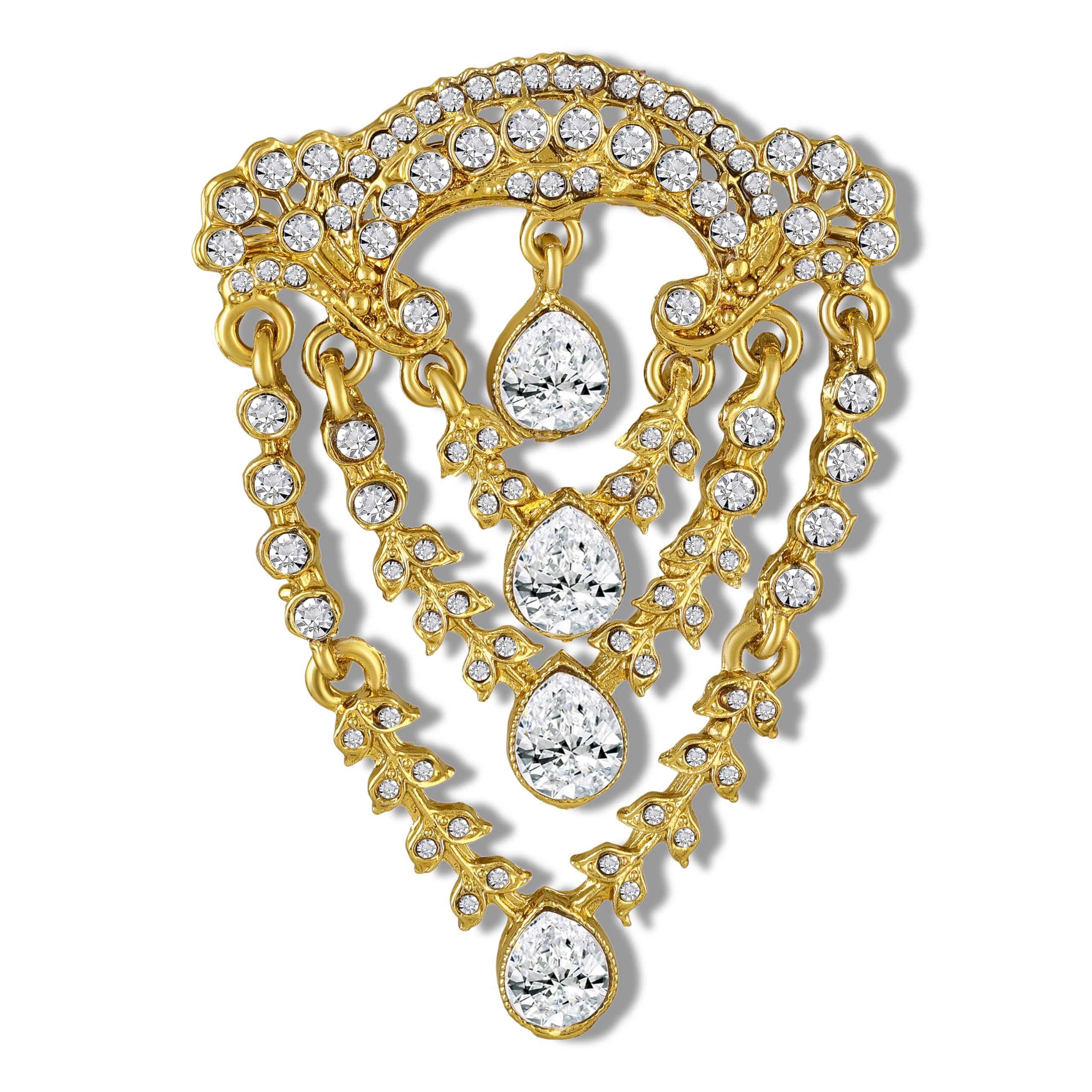 Regal Cascade Gold-Tone Triple Layered Teardrop Crystal Studded Kurta Sherwani Wedding Brooch for Men (BP1101256GWhi)-image-18