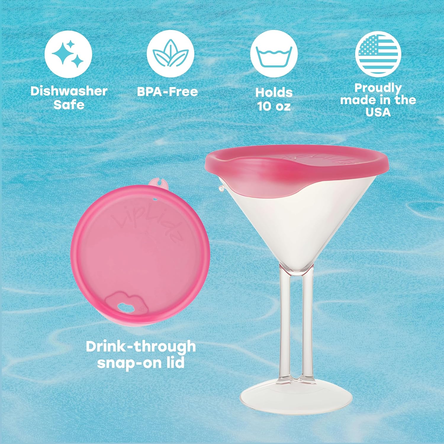 LipLidz - Reusable Martini Glasses, 4 Pack, 10 oz Dual-Stemmed BPA-Free Plastic Drinkware with Lid, Made in USA Stylish Outdoor Cocktail Cups | Keeps Bugs Out Of Your Drink (Aqua + Flamingo)