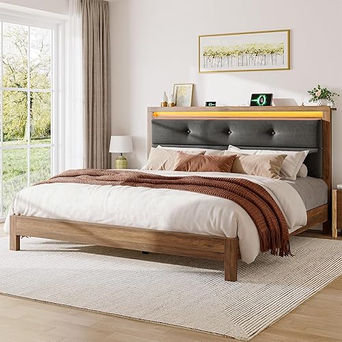 Miniatura 8 de EnHomee Marco de cama de madera tamaño matrimonial con estación de carga y luces LED, marco de cama matrimonial con cabecera tapizada, no necesita