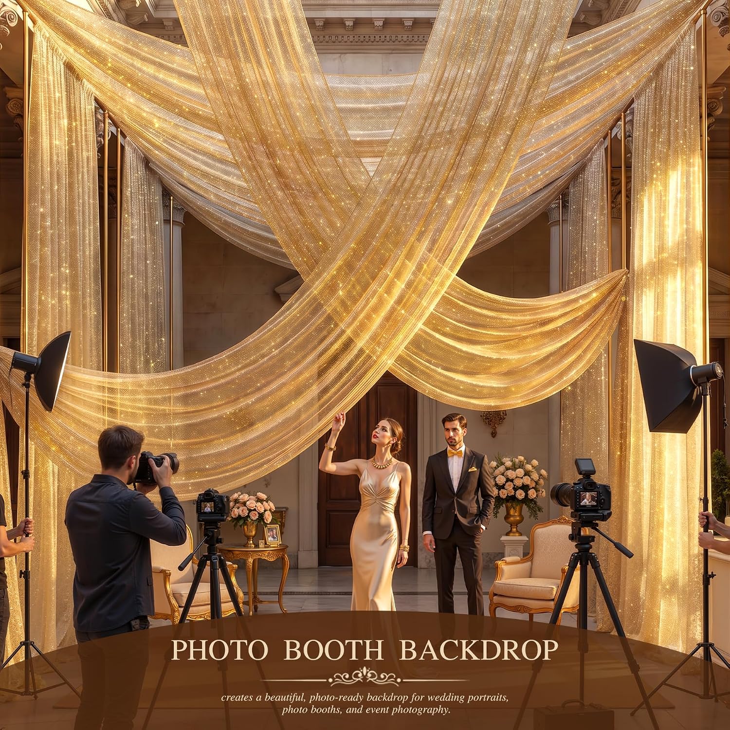 Wedding Arch Draping Fabric 28" x19FT Gold Shimmery Sheer Fabric Drapes 2 Panels Arch Backdrop Curtains for Wedding Decor Ceremony Birthday Party Baby Shower Home Decoration