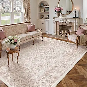 Pink Area Rug 6x9 Machine Washable Vintage Living Room Distressed Non Slip Carpet Traditional Indoor Bedroom Retro Floral Accent Throw Large Rug for Office Kitchen Dining Room