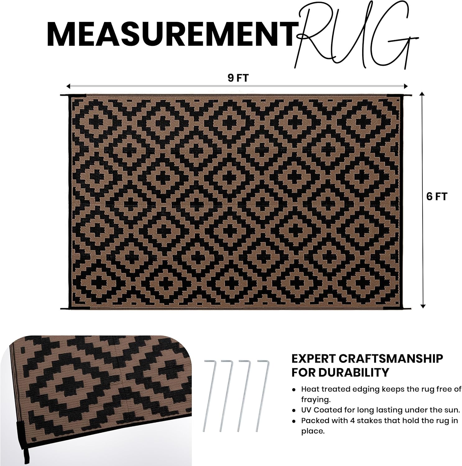 Utopia Home Waterproof Outdoor Rug for Patio 6 x 9 ft, Reversible Plastic Straw Mat for Camping, Picnics, Balcony, Patio, Diamond - Black & Brown