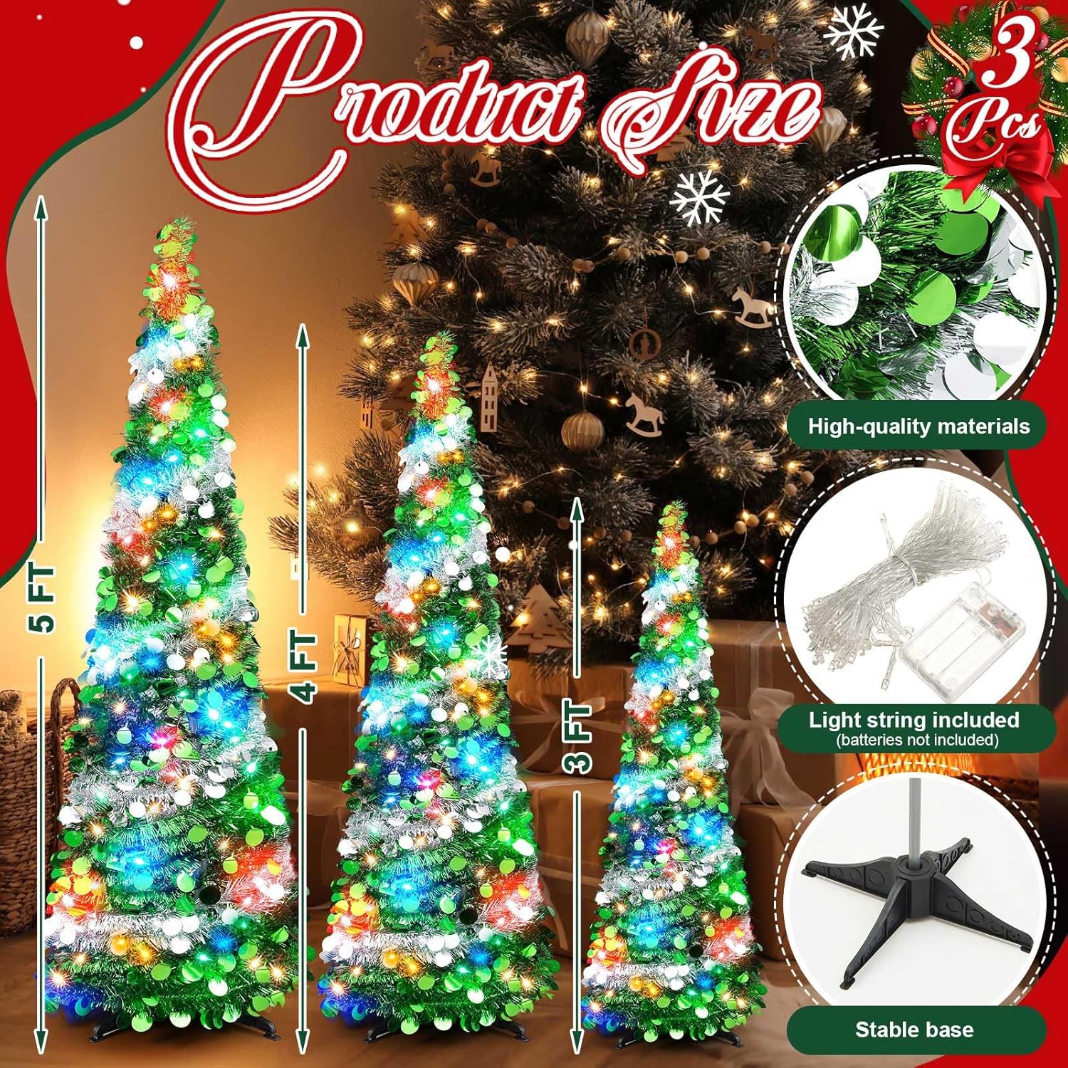 Leyndo 3 Pcs 3 4 5 ft Collapsible Artificial Christmas Tree with LED Light Pop Up Green and Silver Sequined Pop Up Tinsel Pencil Skinny Xmas Tree for Indoor Home Fireplace Decoration