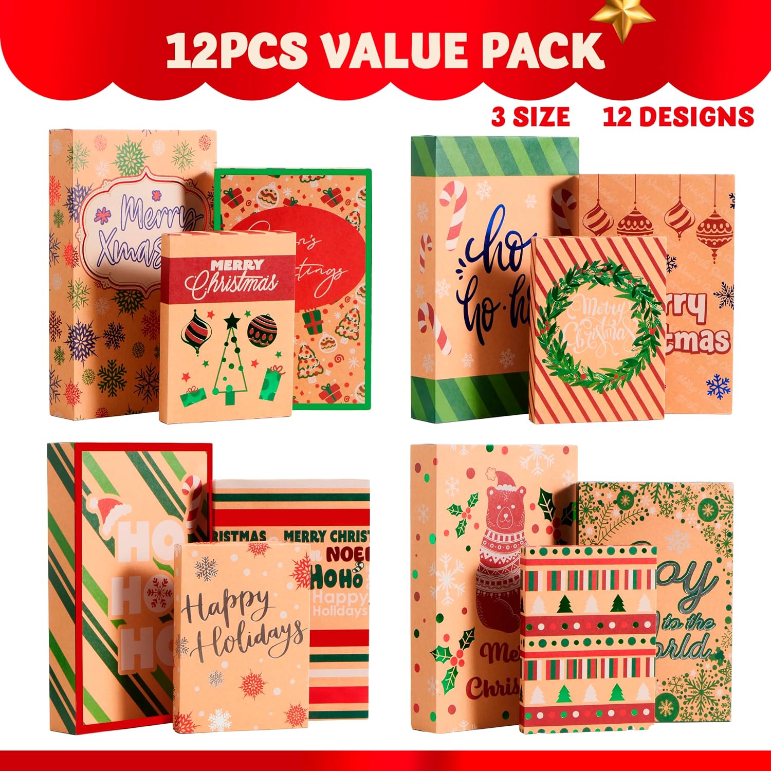 JOYIN 12 Pcs 17" Christmas Large Gift Boxes for Presents, 4" Deep 3 Assorted Sizes Shirt Robe Wrap Boxes with Lids for Xmas Holiday Birthday Party Favors Decorations Gift-Giving, 12 Designs