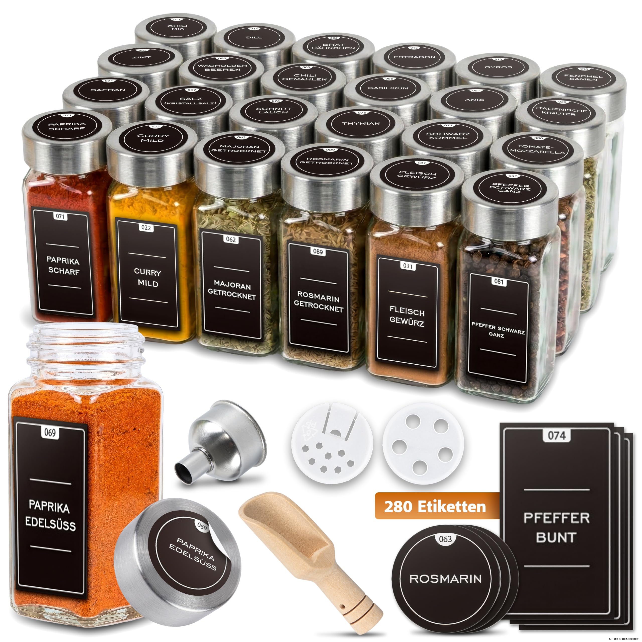 Lot de 24 bocaux à épices avec couvercle en bambou