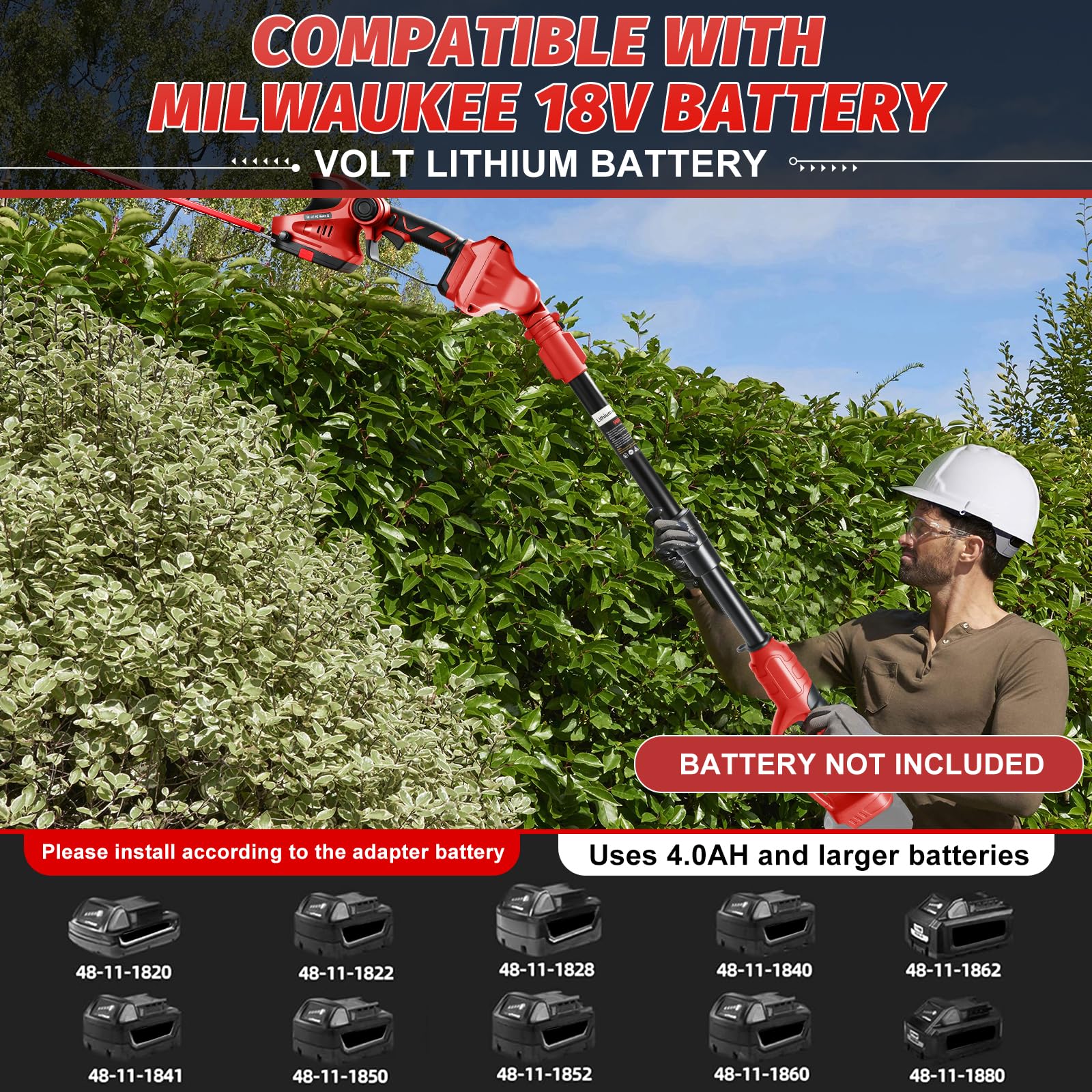 Cortasetos telescópico a batería 3 en 1 Compatible con Milwaukee 18 V | cortasetos eléctrico (sin batería), motor Brushless corta setos de jardín a batería con longitud de corte