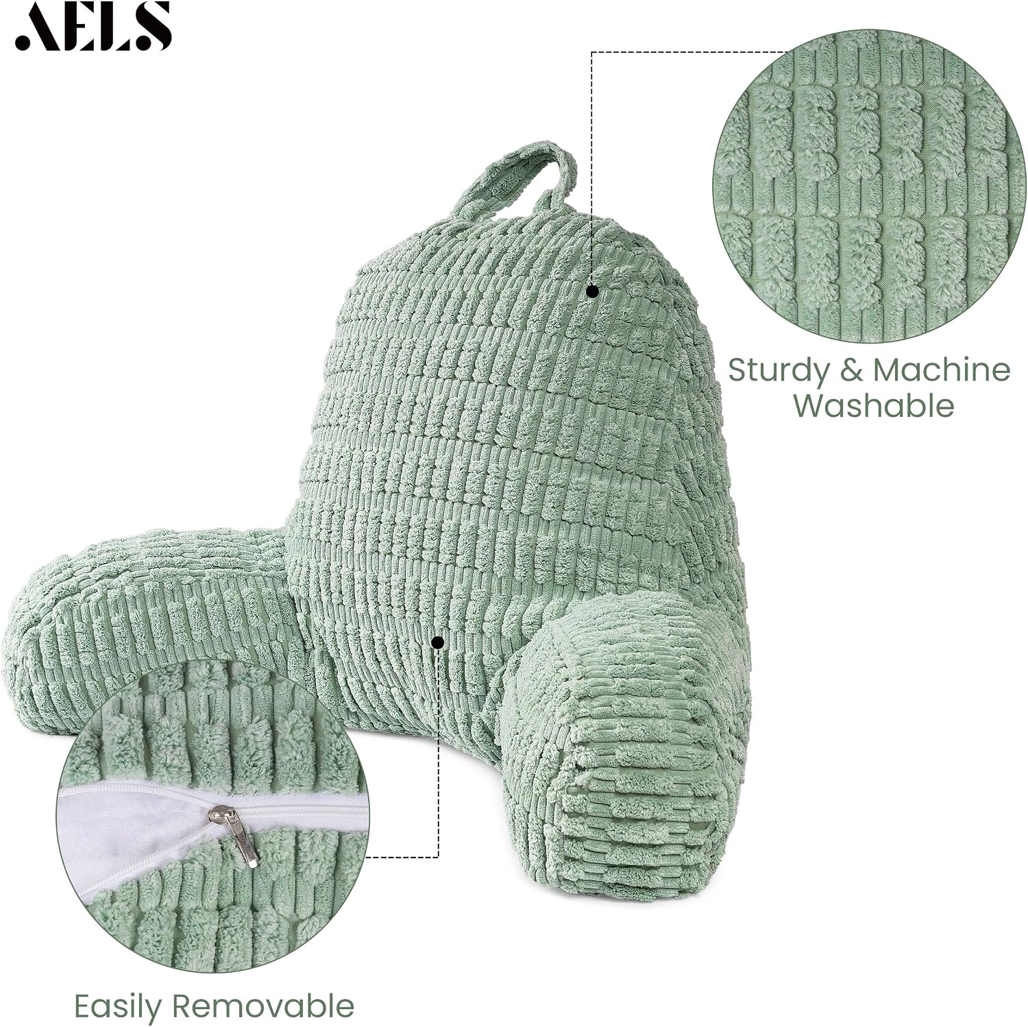 AELS Large Reading Pillow Replacement Cover with Arms and Pockets (Cover ONLY), 18" Soft Corduroy Striped Backrest Pillow Cover Fits Standard Size Reading Pillows, Sage Green