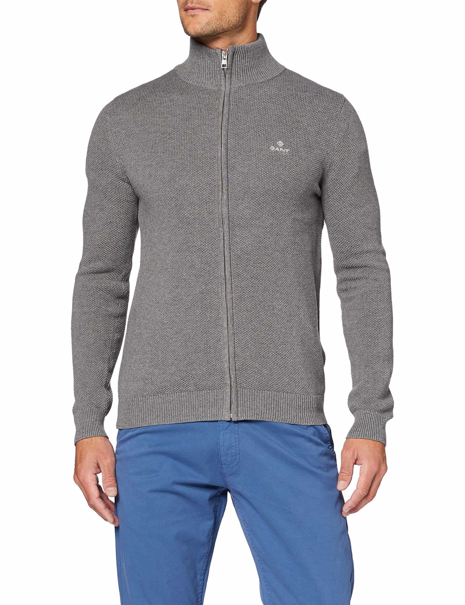 Gant Men's Dark Grey Melange Cotton Pique Zip Cardigan Cardigan Sweater ,Xl