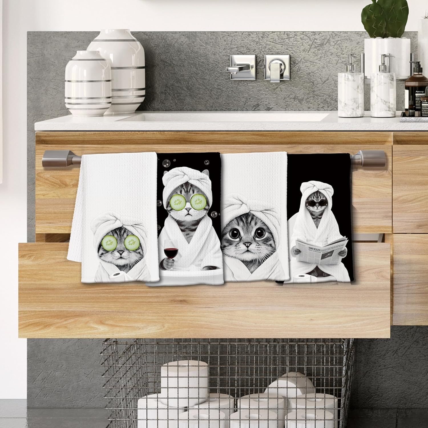 Black and White Cat Bathroom Hand Towels, Cat Bathroom Decor, Pet Lover Gifts, Funny Bathrobe Tabby Cats Decorative Hand Towels for Bath Room Washroom, 16x24 Inch Set of 4